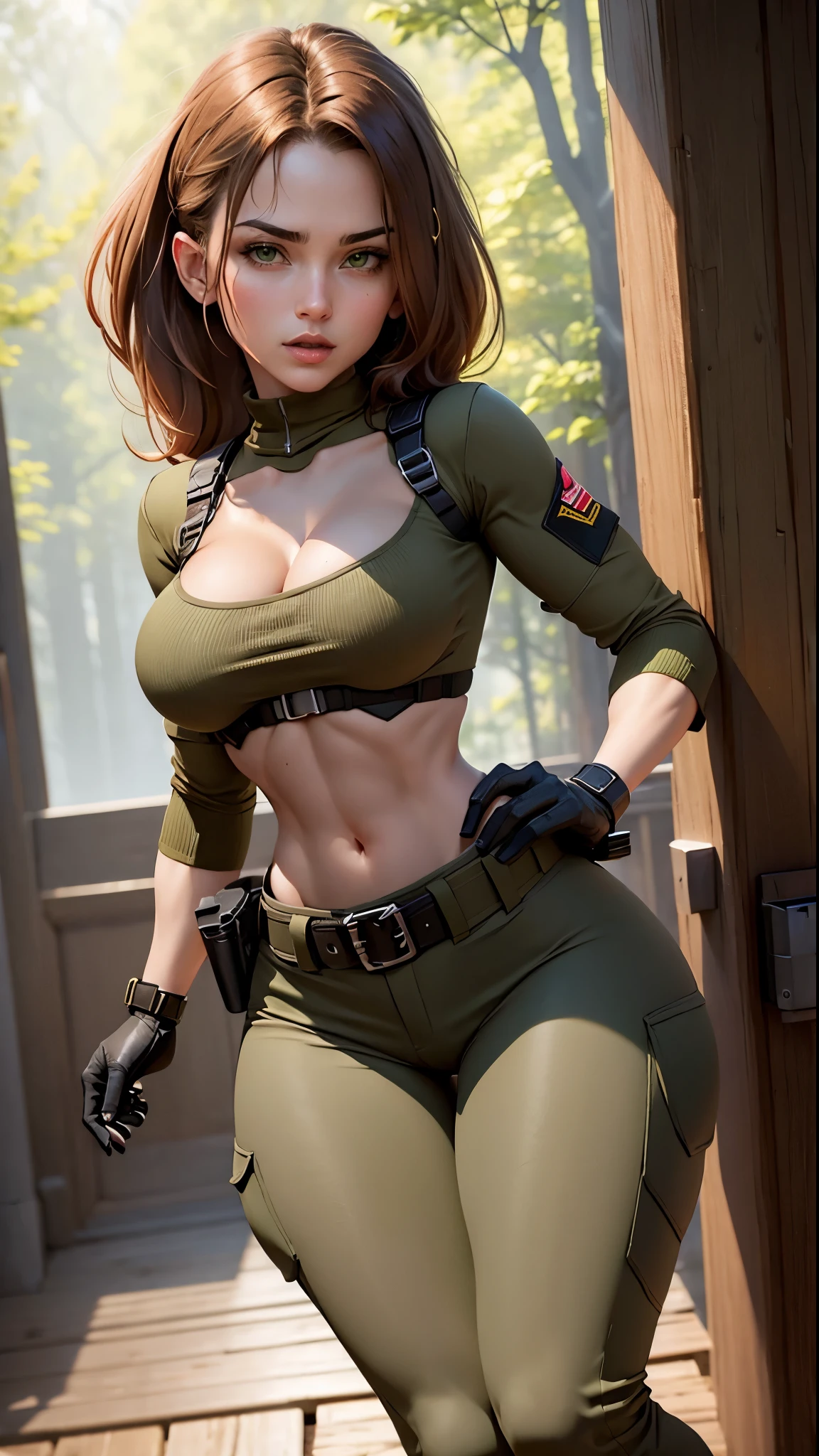 Sexy Woman Big Breasts Athletic Body Nude Tactical Belt Pants Military Green NSFW