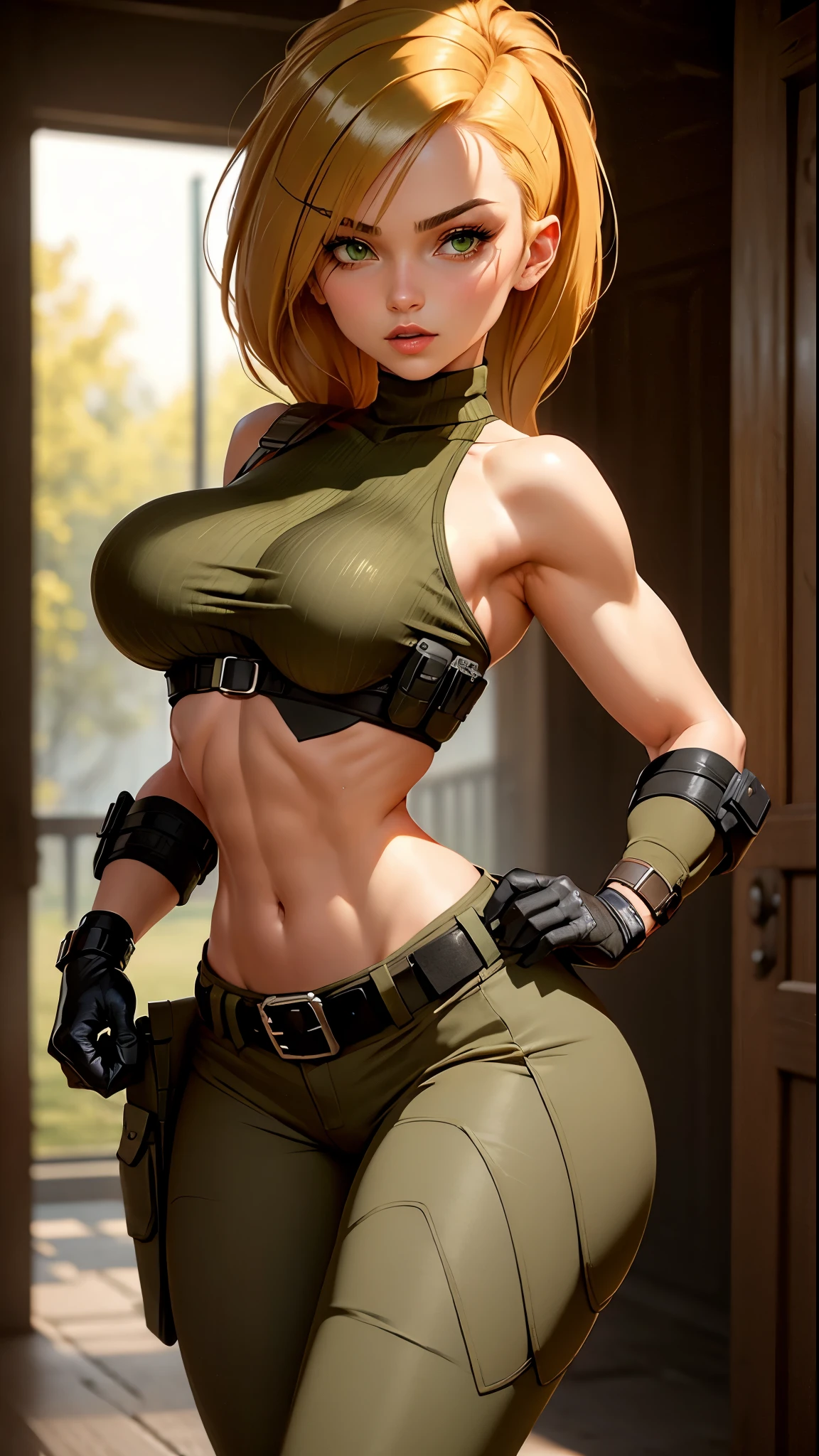 Sexy Woman Big Breasts Athletic Body Nude Tactical Belt Pants Military Green NSFW