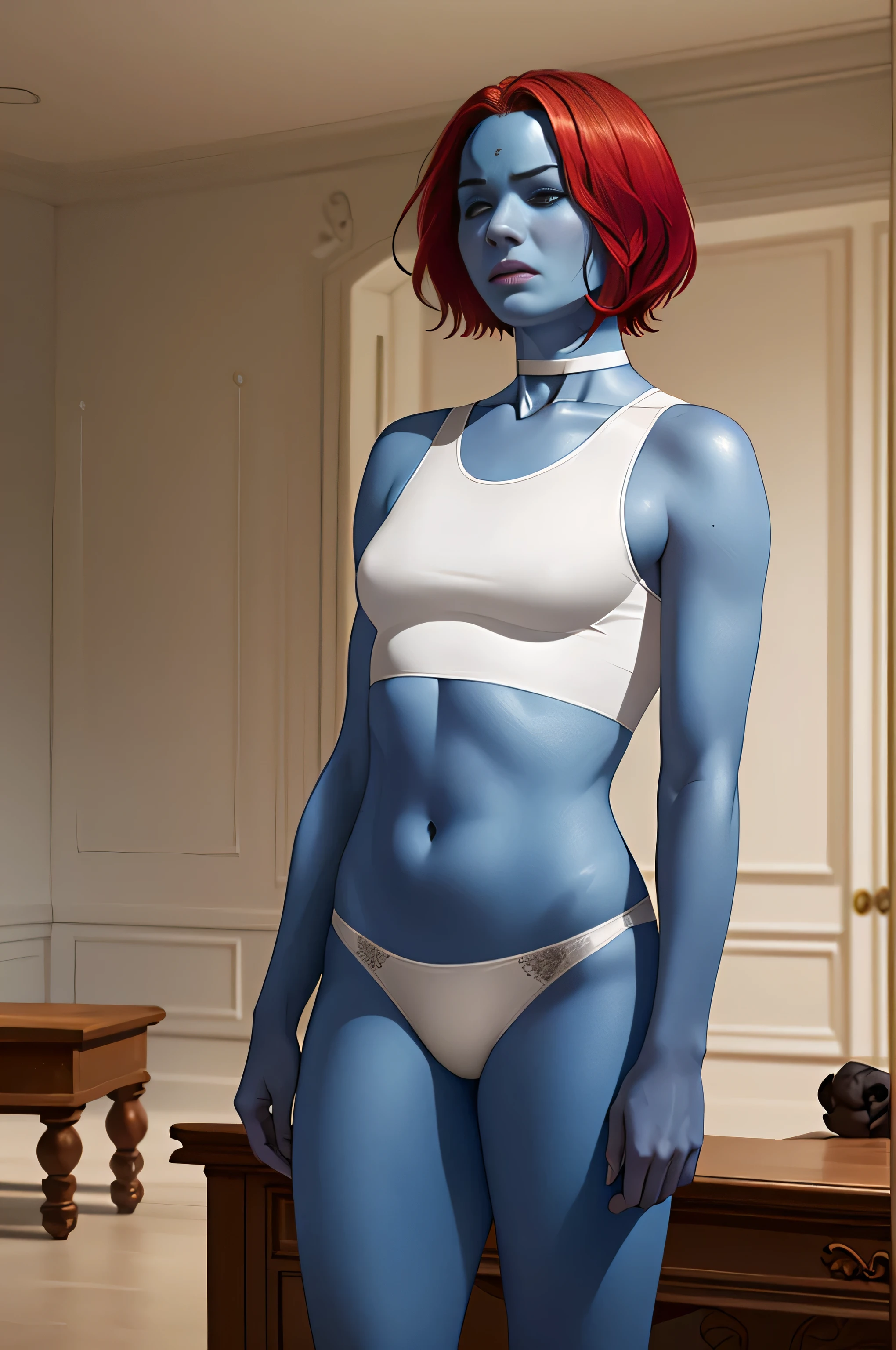 Jennifer Lawrence, Mystique, masterpiece quality, (masterpiece quality:1.3), high res, realistic, lots of detail, alone, 1girl, (1girl:1.9), solo, in a mansion, in a mansion living room, blue skin, (blue skin:1.5), short hair, red hair, (red hair:1.5), wearing a white crop top, (white crop top:1.5), wearing white boots, wearing white panties, wearing a white choker collar, thin body, small breasts, (small breasts:1.5), worried, (worried face:1.5),