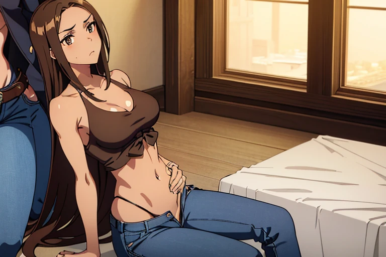 ((best quality)), ((masterpiece)), (detailed), perfect face, brown skin anime woman in a deep v neck tied top, (???? shoulders), (jeans trousers), famished in hunger, (gently resting hands on stomach), (long hair), (hands on her stomach), (slim woman), (shiny body), (shiny arms), her stomach growls in front of a beautiful boy sitting next to her, she is embarrassed