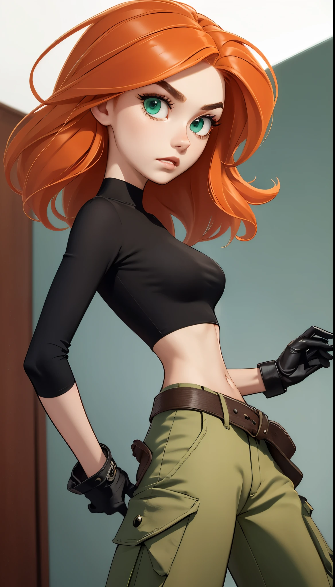 1girl, (cartoon:1.3), detailed eyes, looking at the viewer Orange-red hair, green eyes, confident expression, black crop top, black gloves, brown belt, green cargo pants, pale skin, thin eyebrows