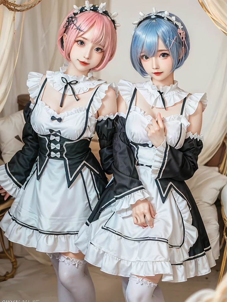 (8K, Photorealistic, Raw photo, of the highest quality: 1.3), (1girl in), Super beautiful, (Realistic face), (boyish, pink Color Berry Shorthair), Beautiful , Glare that captivates the viewer, Beautiful expression, Beautiful breasts, (Realistic skin), Be...Create a detailed and colorful image of Ram and Rem from Re:Zero, standing back-to-back in their maid outfits, with a magical fantasy background、14years old, two girls,cute, perfect face, beautiful, nice body, gothic lolita clothes, gothic lolita fashion, frilly skirt, headdress, necklace, bracelet, knee-high socks, boots, double eyelids, tear bags, Detailed down to the fingers, photo-like description, indoors, dim indoor lighting, one girl is pink hair and short bob, another girl is light blue hair and short bob,standing,whole body, composition that shows the whole body, smiling,The Both of them are wearing the same type of maid outfit,Optimal ratio of 4 fingers and 1 thumb