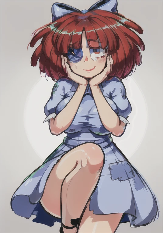 (Ragatha, one leg up, hands on face, cute:1.2), (hair bow, short sleeves, dress with patches, short hair, button eyepatch), gigantic breasts, wide hips, happy, smile, looking at viewer, cute, from below, crazy eyes, (white background:1), (dynamic pose:1.2), (dynamic angle), (cowboy shot:1.2), (masterpiece:1.2), (best quality, highest quality), (ultra detailed), (8k, 4k, intricate) ,(ambient light:1.3), realistic, render, unity