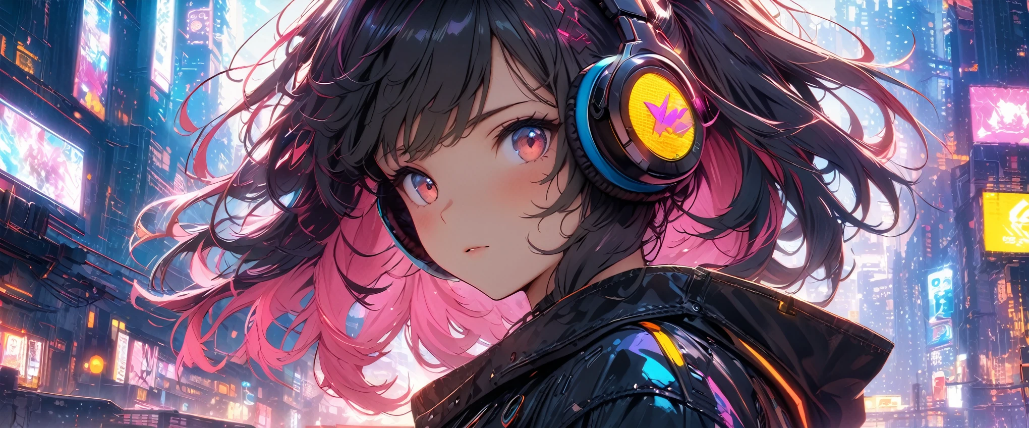 ((masterpiece, highest quality, Best image quality, High resolution)), ((Highly detailed CG synthesis 8k wallpaper)), Anime girl with futuristic hair and headphones in front of a city, Digital Cyberpunk anime art, Cyberpunk Anime Girl, Digital Cyberpunk - Anime Art, Dreamy Cyberpunk Girl, female Cyberpunk Anime Girl, Cyberpunk art style, Portrait of a cyberpunk girl, anime cyberpunk art, Anime Style 4K, Cyberpunk beautiful girl, Cyberpunk atmosphere, Cute Cyborg Girl, Cyberpunk anime art, Anime Style. 8k、Close-up face