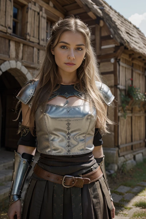 
delicate, poudre de contour, en armure viking (Metal armor, parements en cuirs et en fourrure), intricate details, French touch, maquillage guerrier noir sous les yeux, cheveux de longueur moyenne, cheveux blonds, bonne couverture, en plein air (village viking, scandinavie, maisons en flammes, ruines), skin details, pores de la peau, Appareil photo numérique Kodak Smile 10MP, tendance on Behance, HD.