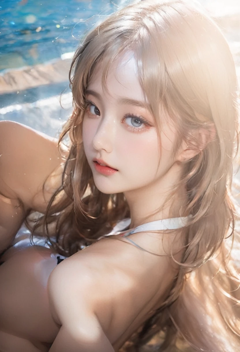 (best quality, 8k, masterpiece, Ultra HD: 1.3), (K-pop idol: 1.4), 1 beautiful girl, (Large Breasts: 1.2), Chest gathering,(You can see the shape of the nipple:1.2),(Long hair), Abdominal muscles, Perfect body, Ultra-detailed face shape, Delicate lips, Fair, Skin is hydrated, sweaty skin, Wavy Blonde, Silver Light Hair , super fine hand, Thin fingers, side splits,(White see-through bikini:1.4), White(White), (Large Breasts), ()), (Glasses), ((detailedpantyhose)),detailed, at the seaside, seaside, Beach, Sexy Girls, transparent, Seductive smile, ((Look into her eyes、see below)),Stay focused,Love in the eyes,Provocative expressions,Long legs, detailedlegs, Thin legs, (One-leg stand:1.2), (stand and spread your legs:1.4),,Exposing the crotch,(Bikinis fit tightly around the genitals and buttocks:1.3), (Camel toe:1.3),((Complete anatomy:1.4)),(Look at her slim figure:1.3),((Sexy pose))), (Camel toe), (half), Looking up:1.3