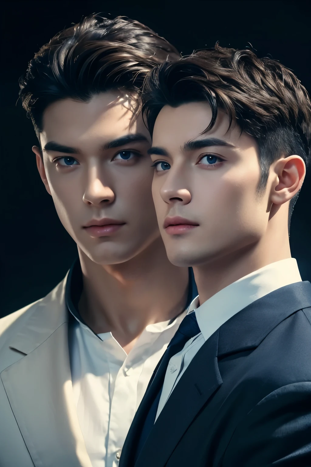 ((masterpiece)),((bestquality)),8k,high detailed,ultra-detailed, Neutral Expression, Stylish Pose, real skin texture, cinematic lighting,
Gay couple in the style of royal blue