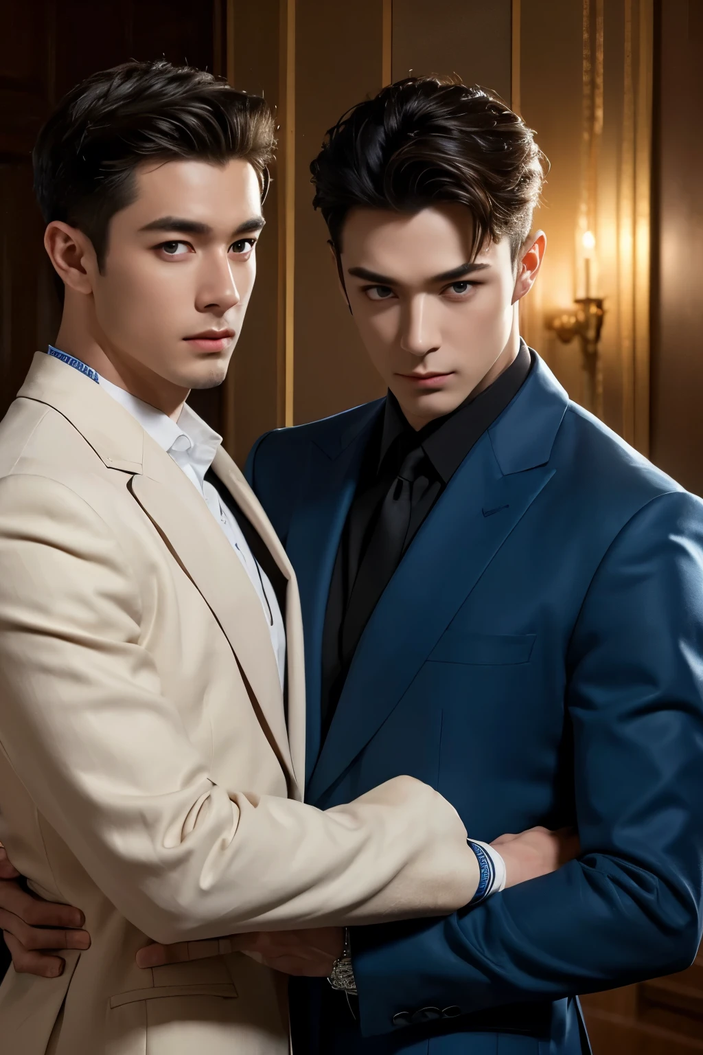((masterpiece)),((bestquality)),8k,high detailed,ultra-detailed, Neutral Expression, Stylish Pose, real skin texture, cinematic lighting,
Gay couple in the style of royal blue