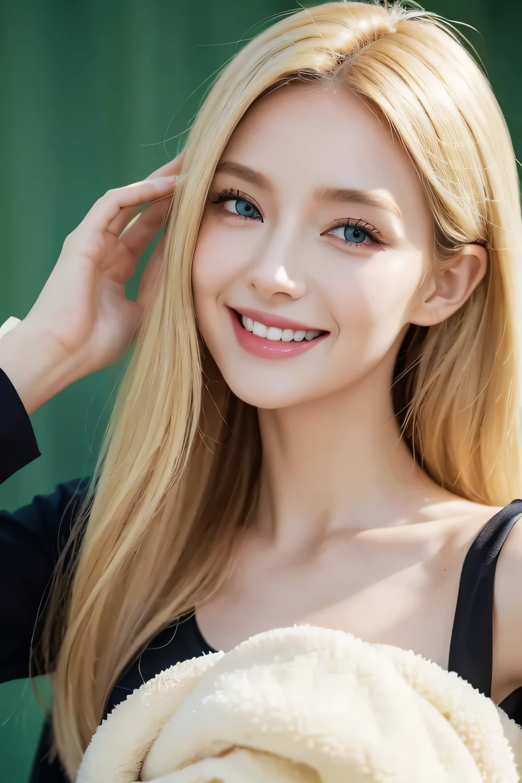 woman, personal care, skin, cleaning skin, blonde, green eyes, black blouse, skin care, smiling, cheerful