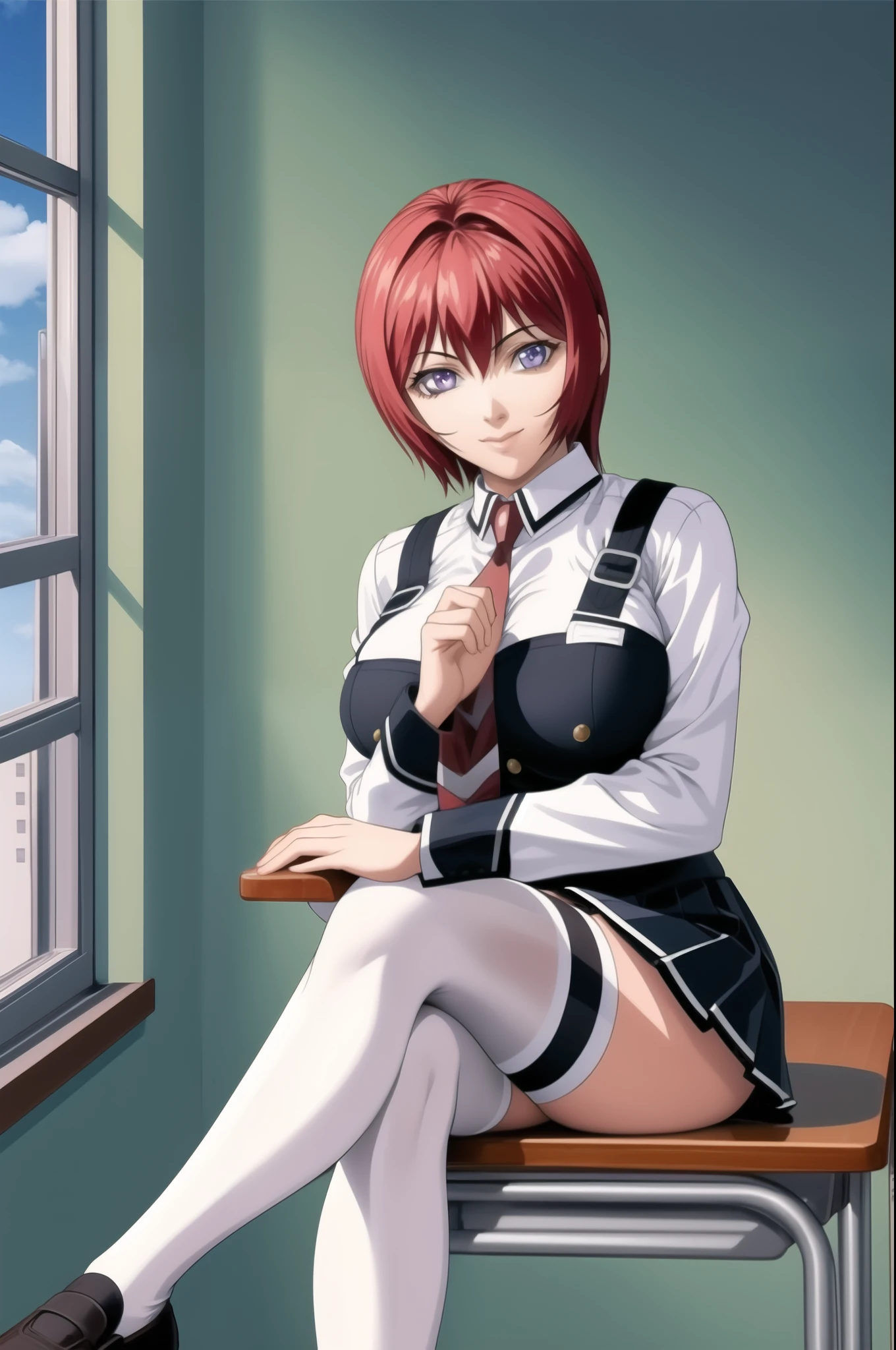 (high quality:1.2), intricate detailed, digital art,
(TakashiroGaiden:1.1), 1girl,  solo, sitting on table, crossed legs,
looking at viewer, smirk,
purple eyes, short hair, red hair,
(school uniform:1.1), white shirt, miniskirt, red necktie, black thighhighs, zettai ryouiki, shoes,
curvy, large breasts,
school, classroom, windows, sky,
