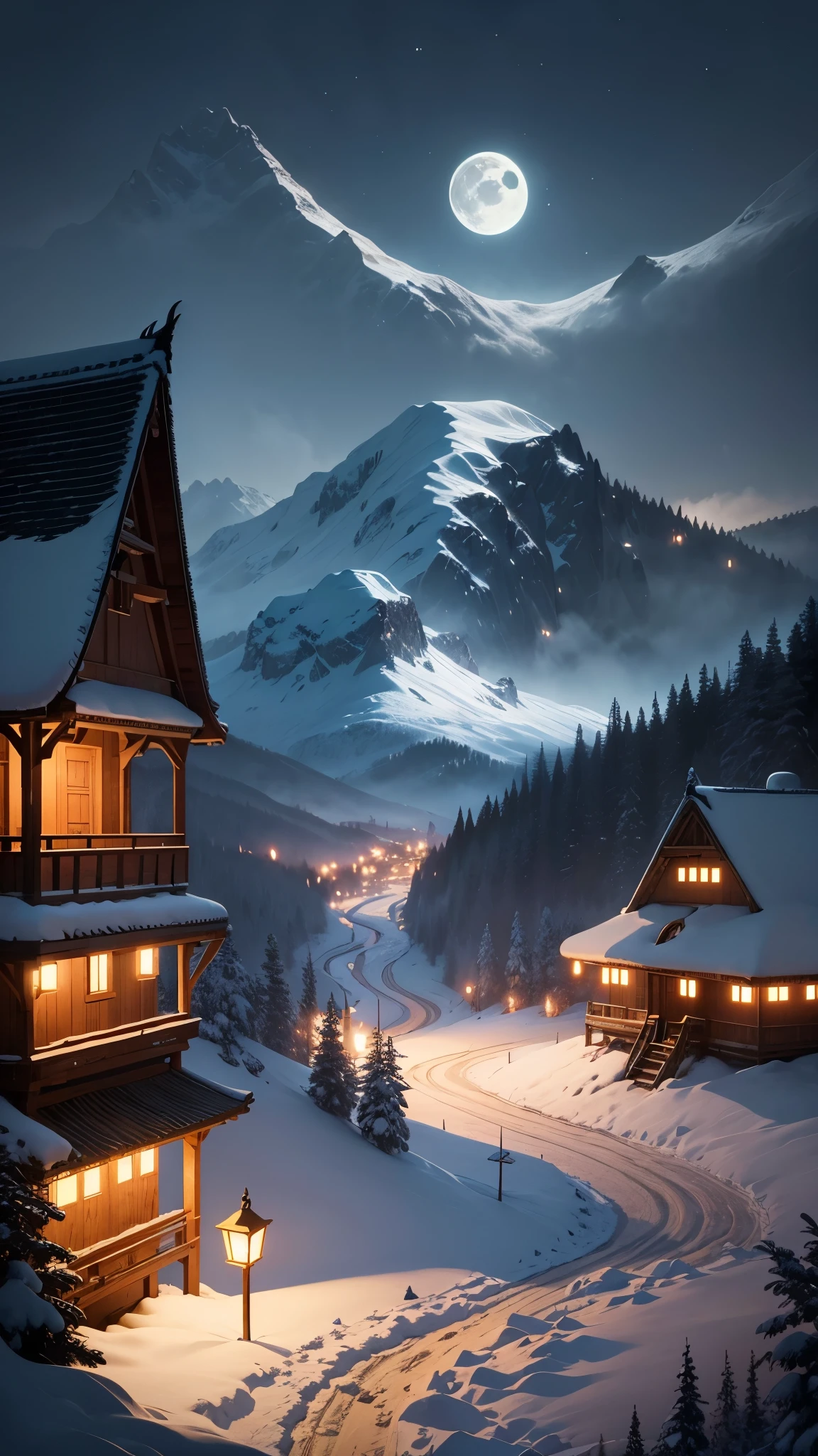 Generate a captivating digital artwork featuring Snow White as the central character, set in a tranquil nighttime scene. Place Snow White in the foreground, illuminated by the moon's soft glow. In the middle ground, depict an intricate agrarian landscape, including rustic farmhouses, fields, and winding paths. In the far distance, illustrate snow-covered mountains that stand under the moonlight. Ensure that the moon's reflection shimmers on the distant rice paddies, creating a harmonious and dreamy composition.