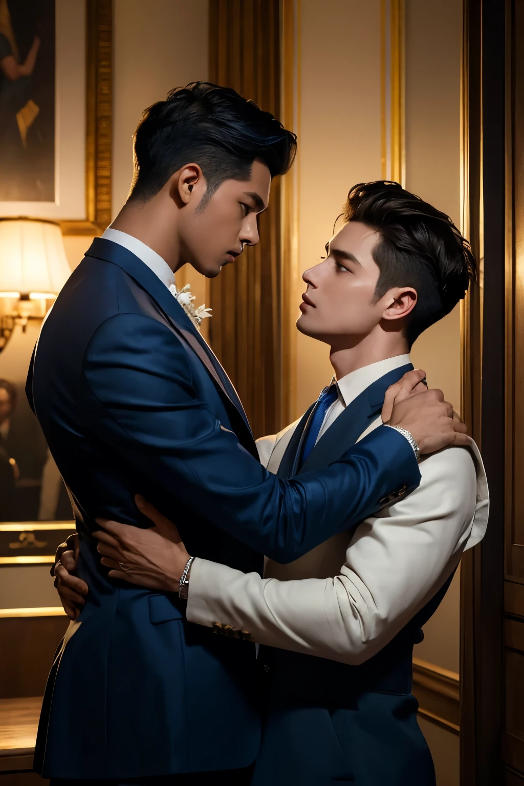 ((masterpiece)),((bestquality)),8k,high detailed,ultra-detailed, Neutral Expression, Stylish Pose, real skin texture, cinematic lighting,
Gay couple in the style of royal blue