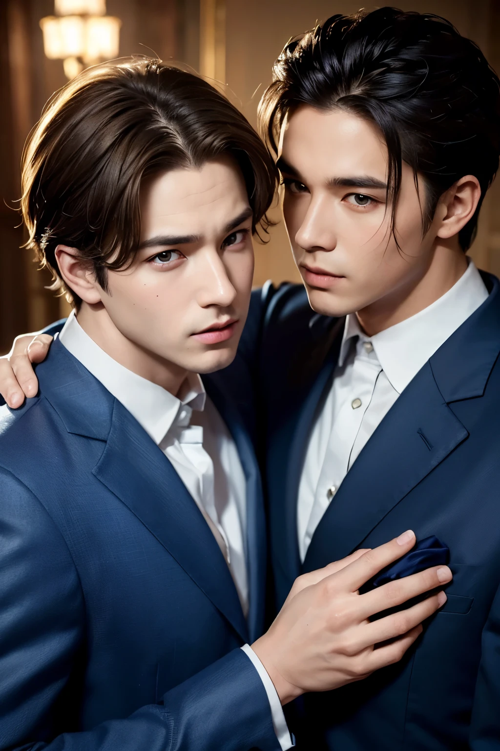 ((masterpiece)),((bestquality)),8k,high detailed,ultra-detailed, Neutral Expression, Stylish Pose, real skin texture, cinematic lighting,
Gay couple in the style of royal blue