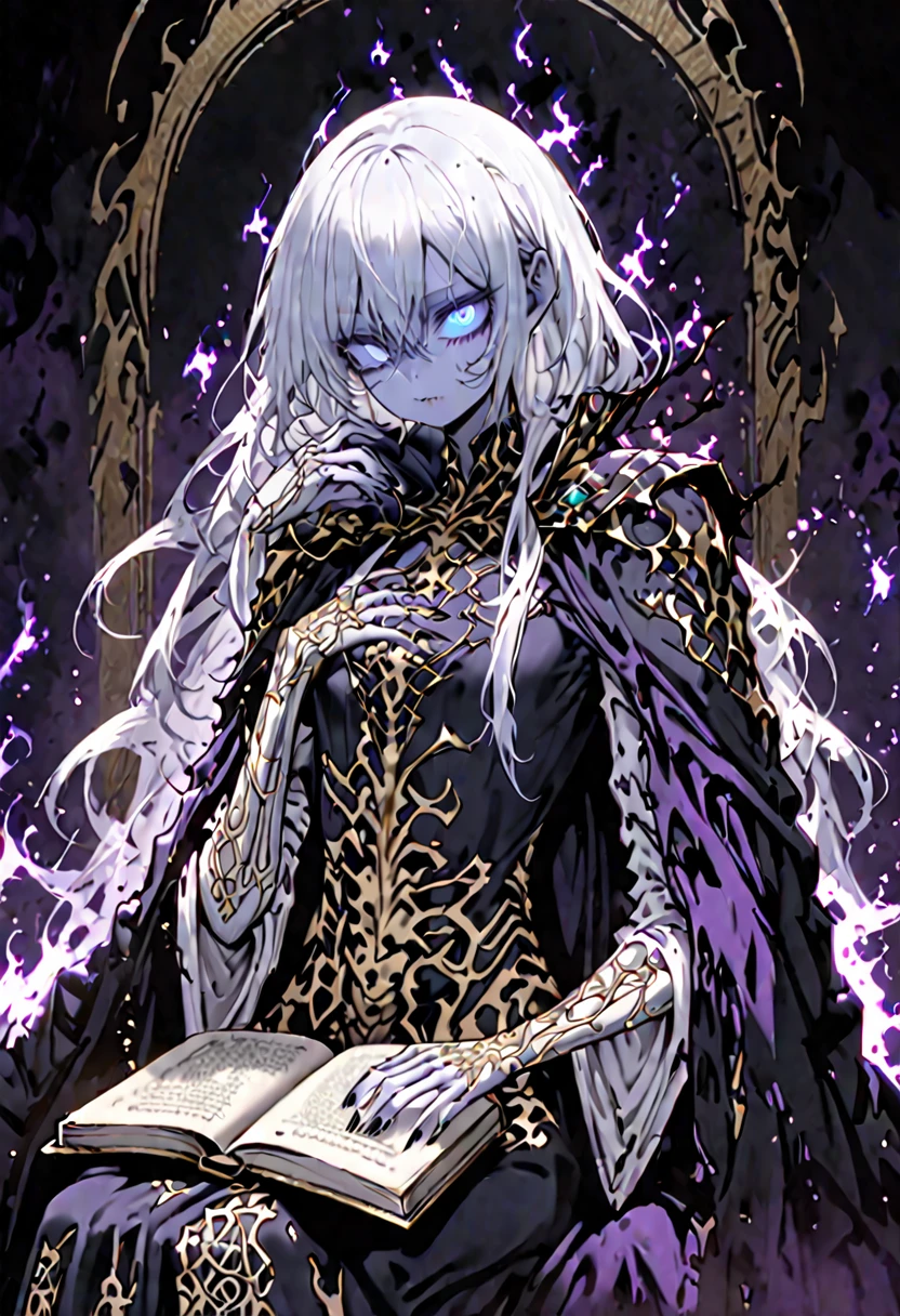 solo, female, pose, blue empty glowing void eyes, long messy white hair, very pale skin:1.3, flat chest, slim, bored, tattered regal gown, black aura:.4, sfw, lich, magic, cape over shoulders, skeletonized, gold filigree nails, black nails, white skin, pale skin:1.2, book