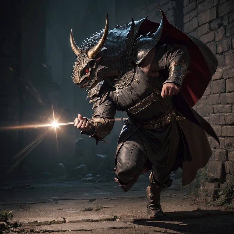 (master piece:1.5), (best quality:1.5), (exquisite lighting and shadow, highly dramatic picture, cinematic lens effect) (Photorealistic picture) (Card game image) 8k, wallpaper, dynamic pose, full body red eyes triceratops man wizard wearing a black tunic, westerlands background, sharp focus, highly detailed, realistic, cinematic lighting, studio quality
