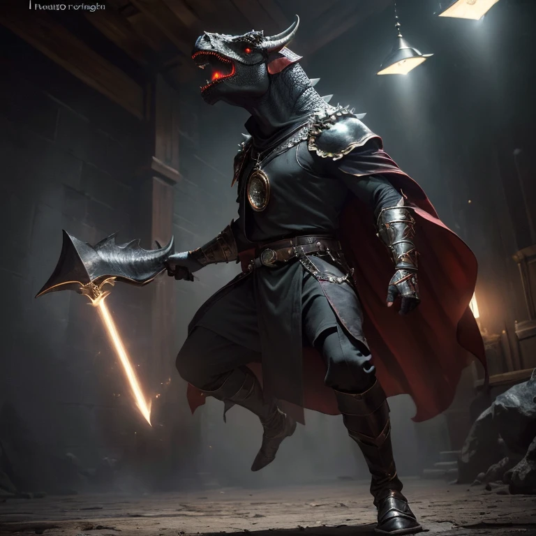 (master piece:1.5), (best quality:1.5), (exquisite lighting and shadow, highly dramatic picture, cinematic lens effect) (Photorealistic picture) (Card game image) 8k, wallpaper, dynamic pose, full body red eyes triceratops man wizard wearing a black tunic, westerlands background, sharp focus, highly detailed, realistic, cinematic lighting, studio quality
