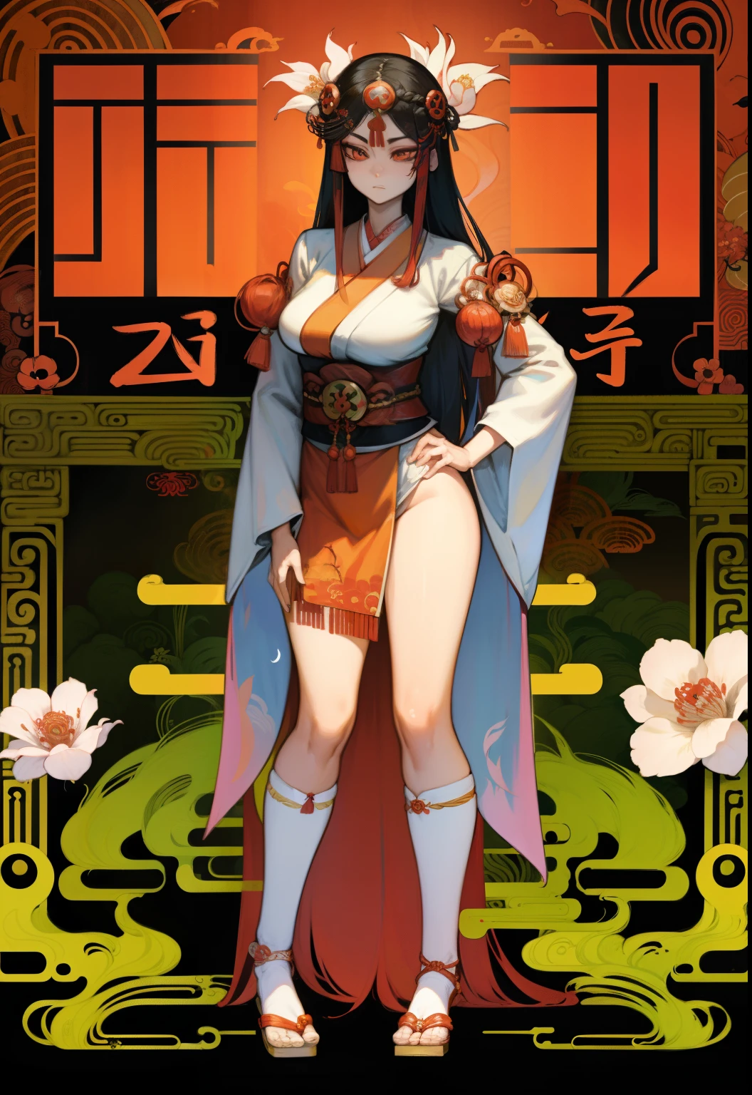 a painting of a woman with long hair and a flower in her hand, korean art nouveau anime, japanese goddess, flowing hair and long robes, anime fantasy illustration, inspired by Sōami, akira from chinese mythology, japanese art style, a beautiful kitsune woman, inspired by Nōami, inspired by Tsukioka Yoshitoshi, autumnal empress