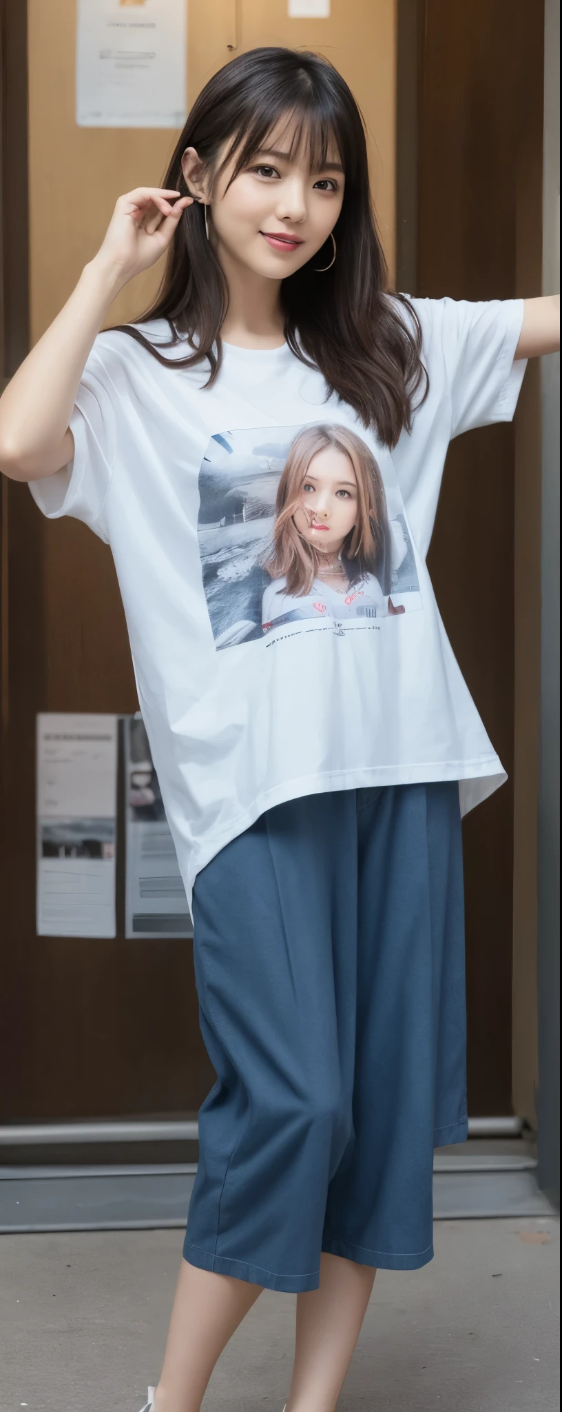 masuterpiece, Best Quality, Illustration, Ultra-detailed, finely detail, hight resolution, 8K Wallpaper, Perfect dynamic composition, from front, Beautiful detailed eyes, Medium Hair, wearing oversize sarouel pants:1.2, lool uped pants, T-shirt, sandals, Natural Color Lip, Random and sex- poses,Smile, Aoyama Street Walk, 28 years girl