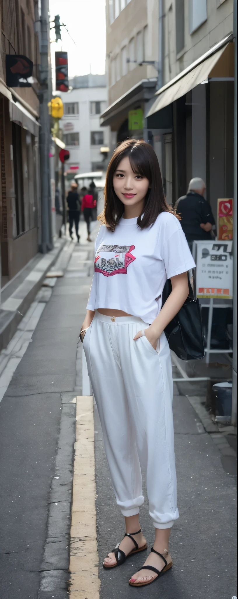 masuterpiece, Best Quality, Illustration, Ultra-detailed, finely detail, hight resolution, 8K Wallpaper, Perfect dynamic composition, from front, Beautiful detailed eyes, Medium Hair, wearing oversize sarouel pants:1.2, lool uped pants, T-shirt, sandals, Natural Color Lip, Random and sex- poses,Smile, Aoyama Street Walk, 28 years girl