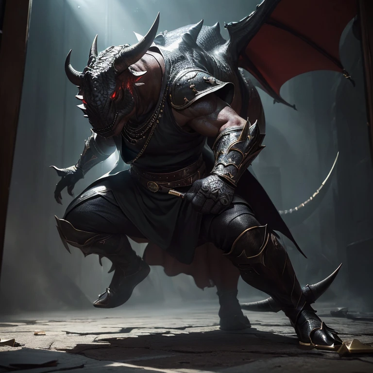 (master piece:1.5), (best quality:1.5), (exquisite lighting and shadow, highly dramatic picture, cinematic lens effect) (Photorealistic picture) (Card game image) 8k, wallpaper, dynamic pose, full body red eyes triceratops man wizard wearing a black tunic, center town background, sharp focus, highly detailed, realistic, cinematic lighting, studio quality
