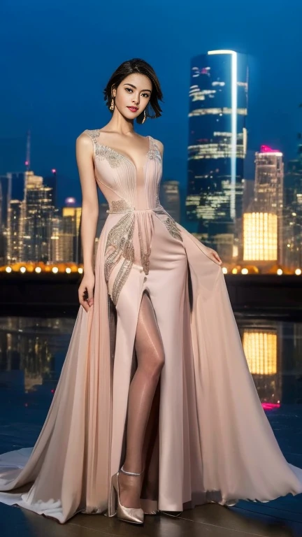 ((masterpiece:1.4, highest quality)), (Realistic photos:1.4),
((1 girl)), Brown short bob hair、
(超High resolution:1.2), Very delicate and beautiful, wonderful,
Very detailedな CG Unity 8k 壁紙, Very detailed, High resolution, Soft Light,
Beautiful detailed girl, Very detailedな目と顔, Beautiful and detailed nose, Beautiful and detailed,
(Evening Dresses:1.4),((pantyhose))、High heels、
Cinema Lighting, Perfect Anatomy, Slender body, Hard breasts,Full Body Portrait
(Build a night city), (Glass Skyscraper:1.4), (The beauty of commercial lights reflected on buildings at night:1.4), (A beautiful form with an inorganic feel)