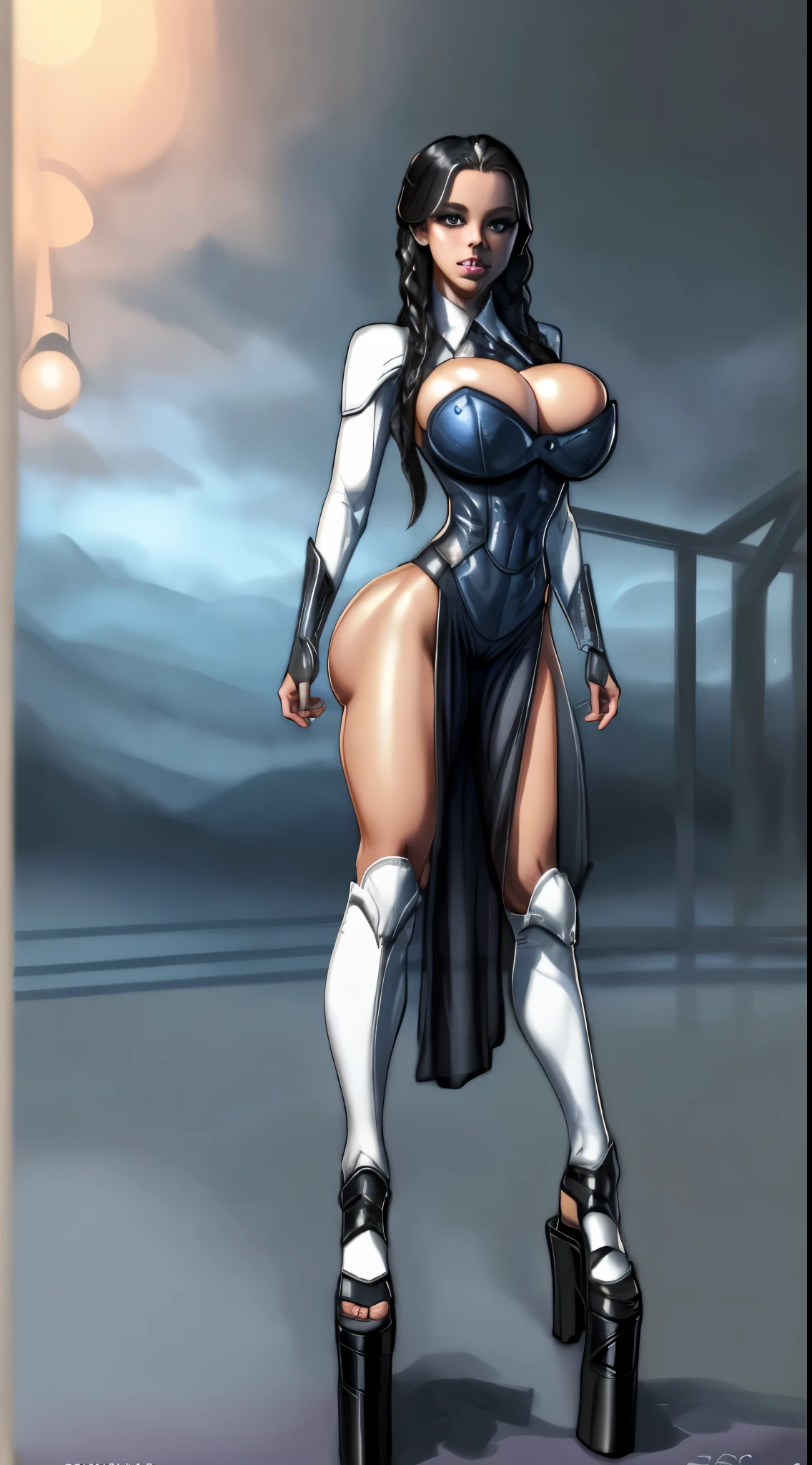 masterpiece, best quality, 1girl, standing, full body, looking at viewer, (platform heels) ,wednesday_addams, black hair , th3p1t KnightT, armor