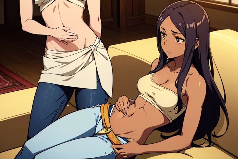 ((best quality)), ((masterpiece)), (detailed), perfect face, brown skin anime woman in a deep v neck tied top, (bare shoulders), (jeans trousers), famished in hunger, (gently resting hands on stomach), (long hair), (hands on her stomach), (slim woman), (shiny body), (shiny arms), her stomach growls in front of a beautiful boy sitting on a sofa, she is embarrassed