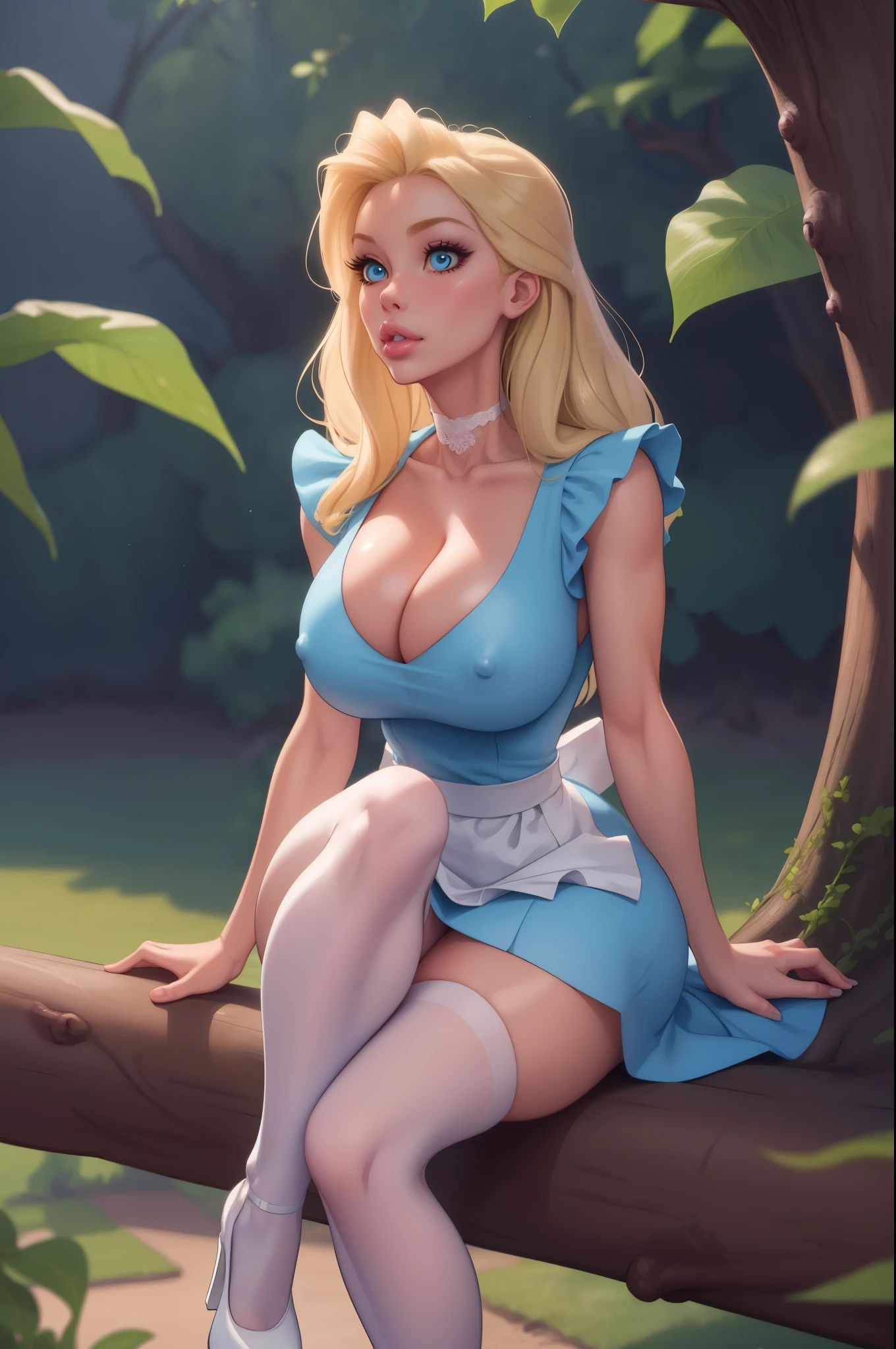 masterpiece, 1girl, solo, a cute Alice in Wonderland with blonde hair, powder blue dress with white apron, white stockings, cleavage, dynamic, ultra high def, 32k, (perfect anatomy:1.5), perfect legs, in the style of Artgerm and Adam Hughes, perfect arms, bimbo Alice, very sexy, nsfw, huge breasts, full body, tall platform pumps, white lace choker, seductive, sitting below a tree