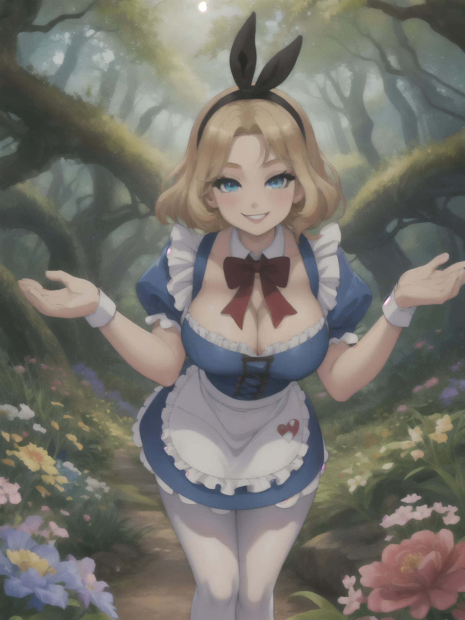 score_9, score_8_up, score_7_up, score_6_up, alice (alice in wonderland), AliceWaifu walking in a forest around multiple flowers, magic particles, leaning forward, cute pose, huge breasts, narrow waist, wide hips, thick thighs, cinematic, naughty face, smile, blue eyes, dress, white pantyhose, apron, black hairband, blonde , disney style, looking at viewer, toon \(style\),
detailed landscape, cowboy shot,