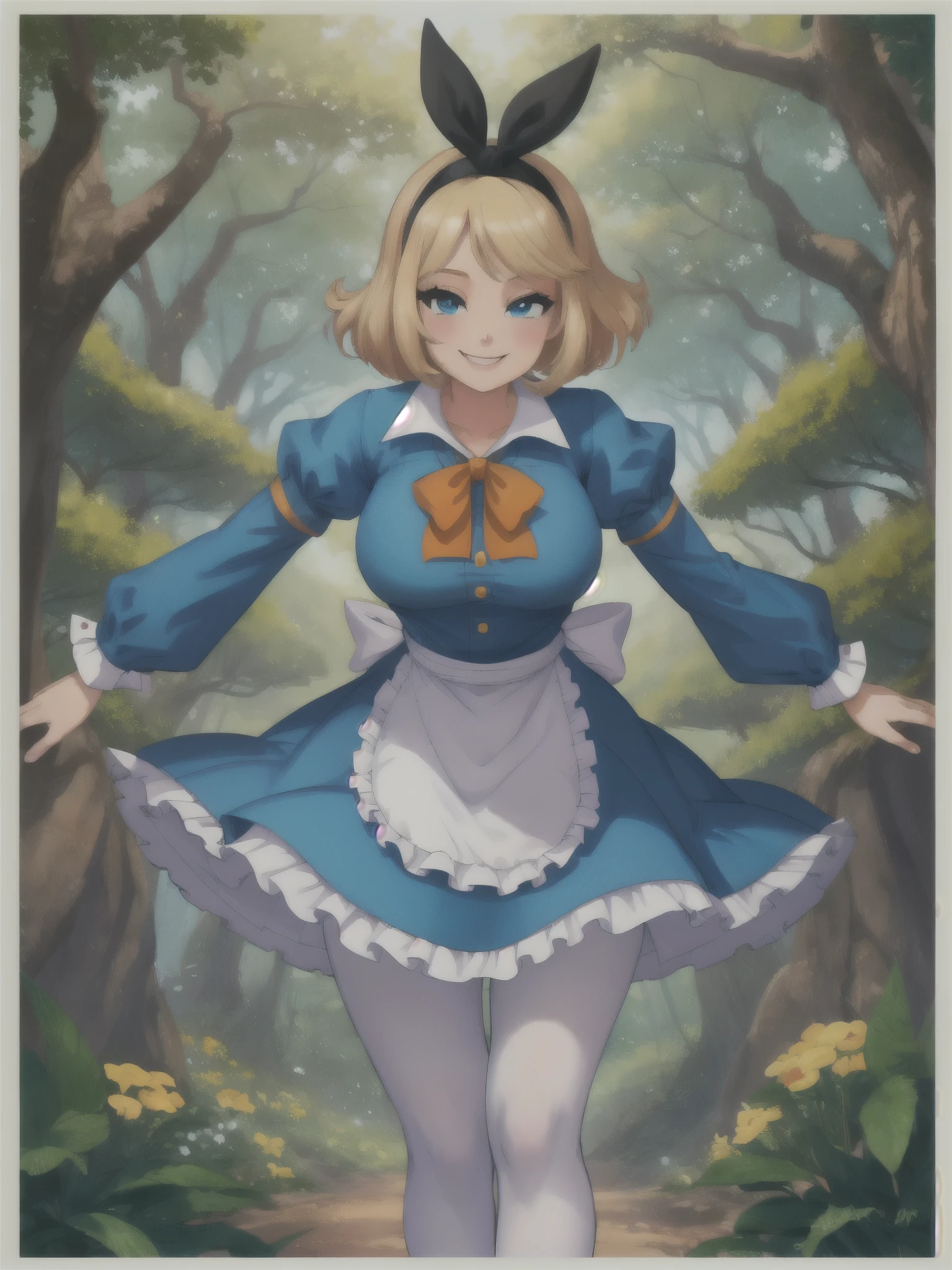 score_9, score_8_up, score_7_up, score_6_up, alice (alice in wonderland), AliceWaifu walking in a forest around multiple flowers, magic particles, leaning forward, cute pose, huge breasts, narrow waist, wide hips, thick thighs, cinematic, naughty face, smile, blue eyes, dress, white pantyhose, apron, black hairband, blonde , disney style, looking at viewer, toon \(style\),
detailed landscape, cowboy shot,