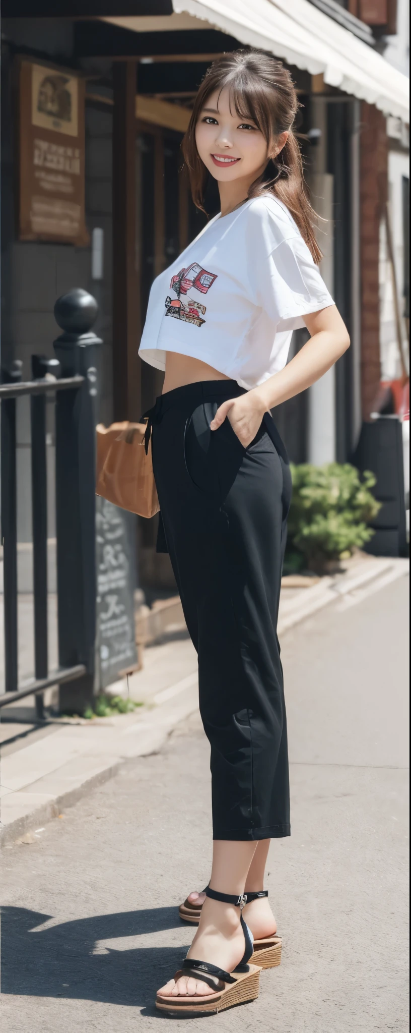 masuterpiece, Best Quality, Illustration, Ultra-detailed, finely detail, hight resolution, 8K Wallpaper, Perfect dynamic composition, from front, Beautiful detailed eyes, Medium Hair, wearing oversize sarouel pants:1.2, lool uped pants, T-shirt, sandals, Natural Color Lip, Random and sex- poses,Smile, Aoyama Street Walk, 28 years girl