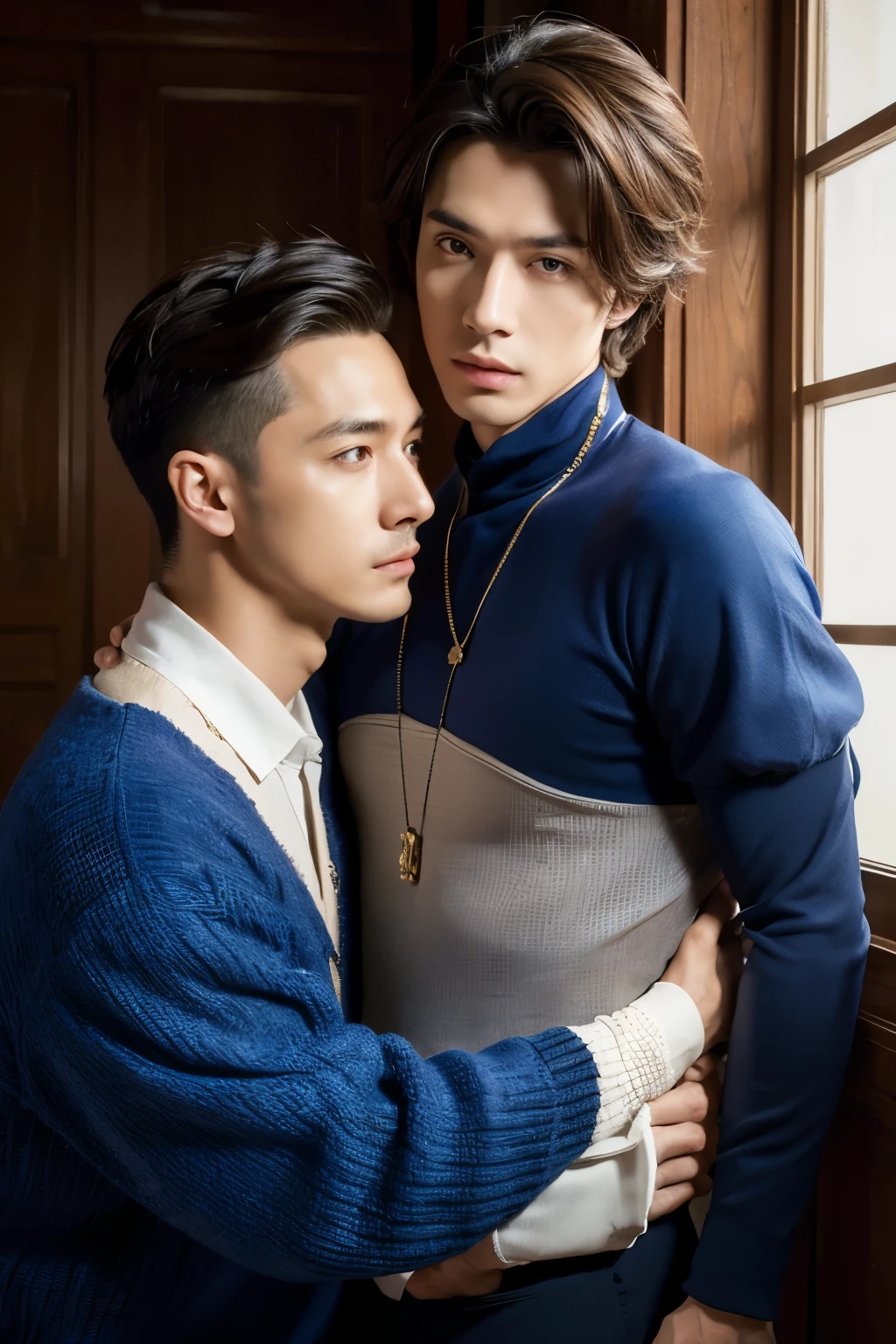 ((masterpiece)),((bestquality)),8k,high detailed,ultra-detailed, Neutral Expression, Stylish Pose, real skin texture, cinematic lighting,
Gay couple in the style of royal blue