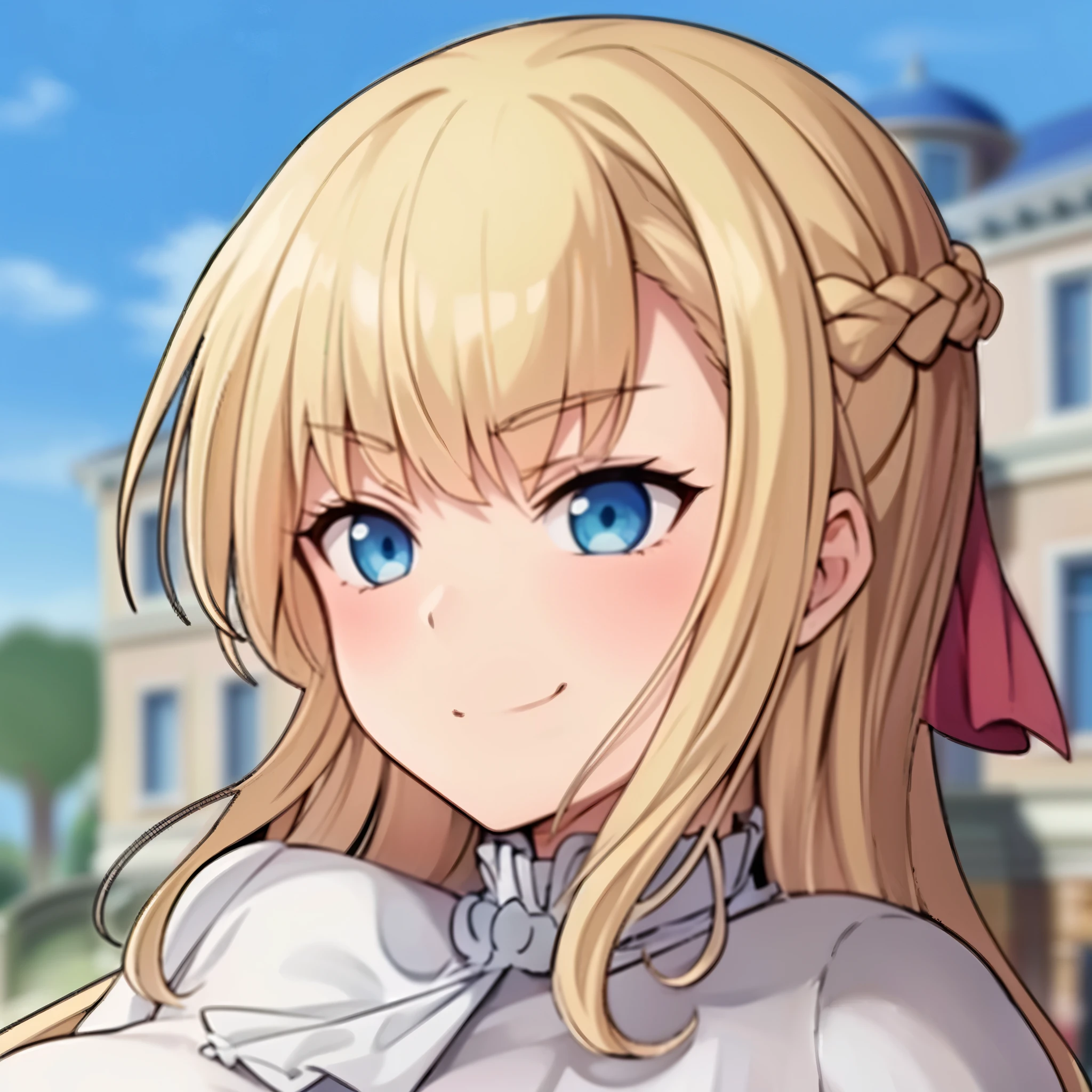 high quality, masterpiece. Blue eyes. Blonde hair. braid. tricky glance. evil smile. haughty face. White sweater. Dark outlines. with a large palace in the background. Sun. sky. road tiles.