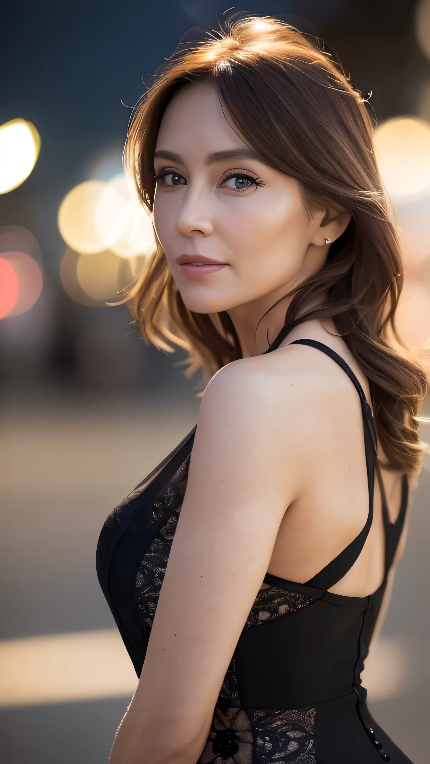 Caucasian brown haired woman, 50 years old, goddess, bloom, Lens flare, (8k, to be born, Professional, highest quality, masterpiece:1.2), (Realistic,photoRealistic:1.37), Very detailed, Back view, (25mm portrait wide angle), (Most detailed skin:1.2), (The most detailed face:1.2), Cinema Lighting, 1 female, European, Straight brown hair, (the wind is strong), Death Files on Fashion Events, ((At night)) Warm White Light, Looking at the camera, ((Fashion Complex Black Dress)), polite smile