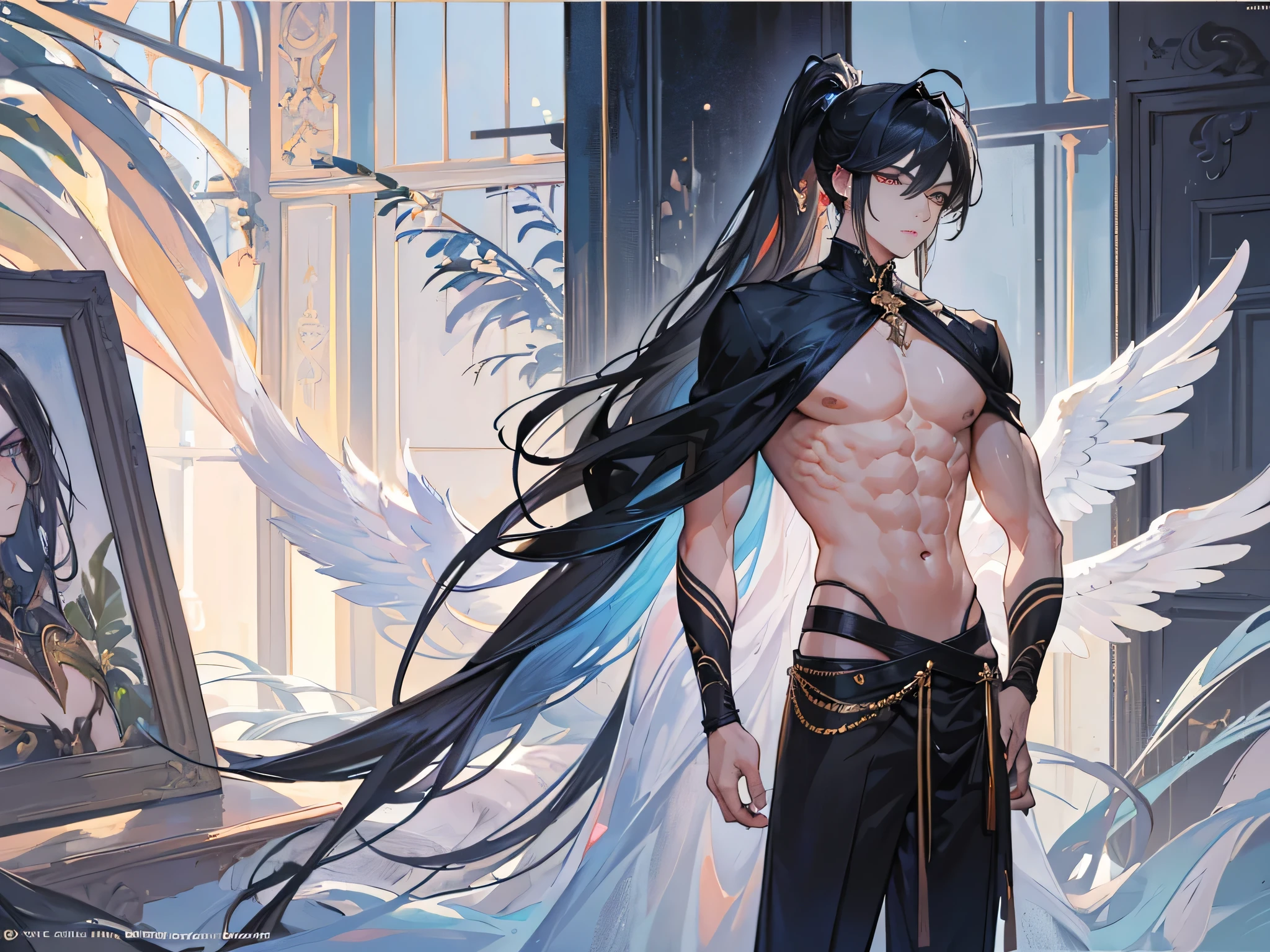 ((Masterpiece, Highest quality)), Male, boy, Detailed face, character design sheet， full bodyesbian, Full of details, frontal body view, back body view, Highly detailed, Depth, Many parts, angel wings, angel outfit, Muscle boy with black ponytail hair, black hair, handsome man, male angel , man tall, pectoral muscle, abs