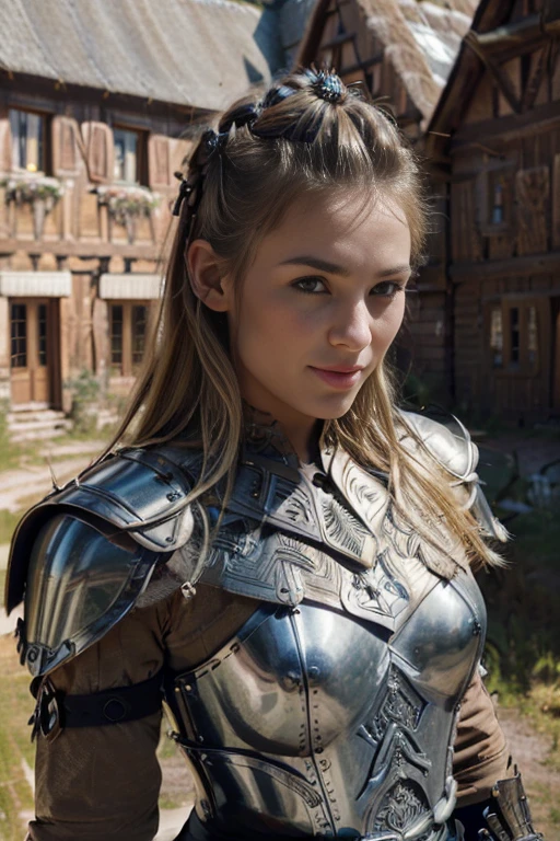 
delicate, poudre de contour, en armure viking (Metal armor, parements en cuirs et en fourrure), intricate details, French touch, maquillage guerrier noir sous les yeux, cheveux de longueur moyenne, cheveux blonds, bonne couverture, en plein air (village viking, scandinavie, maisons en flammes, ruines), skin details, pores de la peau, Appareil photo numérique Kodak Smile 10MP, tendance on Behance, HD.