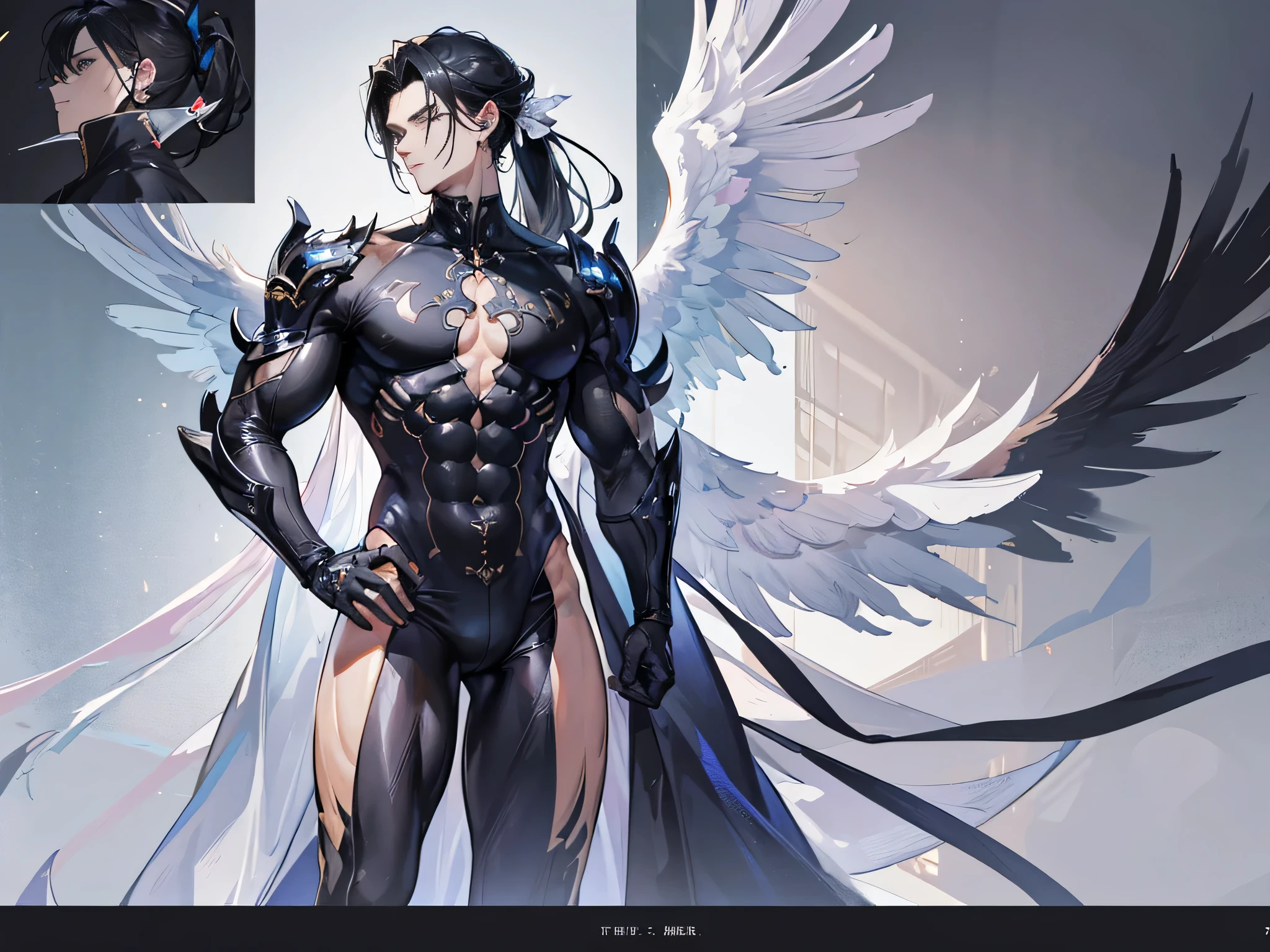 ((Masterpiece, Highest quality)), Male, boy, Detailed face, character design sheet， full bodyesbian, Full of details, frontal body view, back body view, Highly detailed, Depth, Many parts, angel wings, angel outfit, Muscle boy with black ponytail hair, black hair, handsome man, male angel , man tall, pectoral muscle, abs