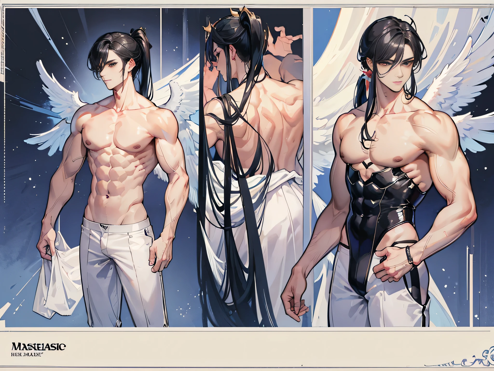 ((Masterpiece, Highest quality)), Male, boy, Detailed face, character design sheet, full bodyesbian, Full of details, frontal body view, back body view, Highly detailed, Depth, Many parts, angel wings, angel outfit, Muscle boy with black ponytail hair, black hair, handsome man, male angel , man tall, pectoral muscle, abs