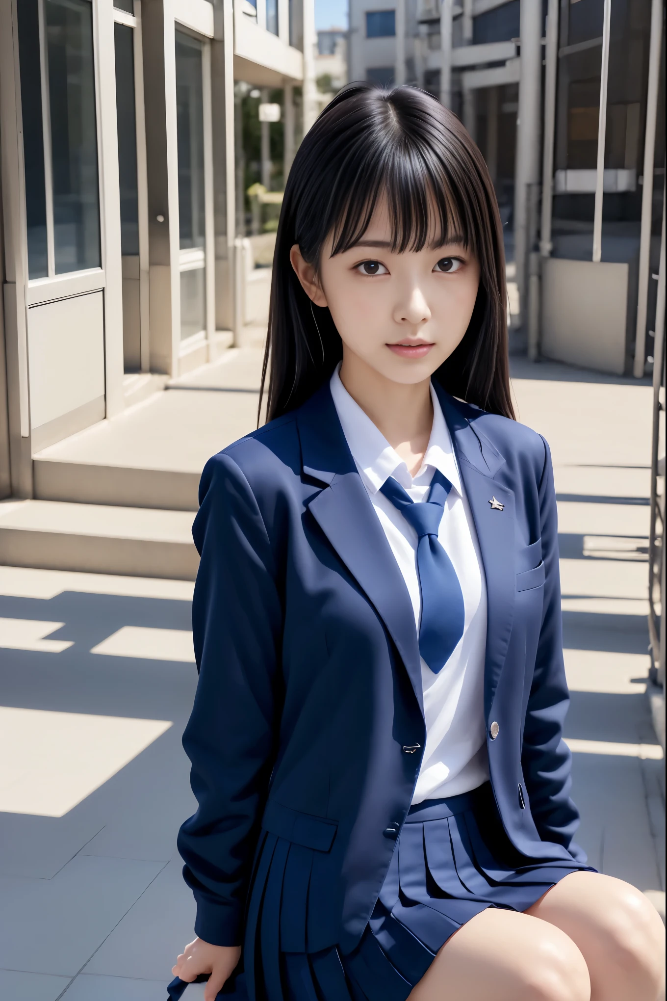 Arafed asian woman in a blue suit and tie sitting on a bench - SeaArt AI