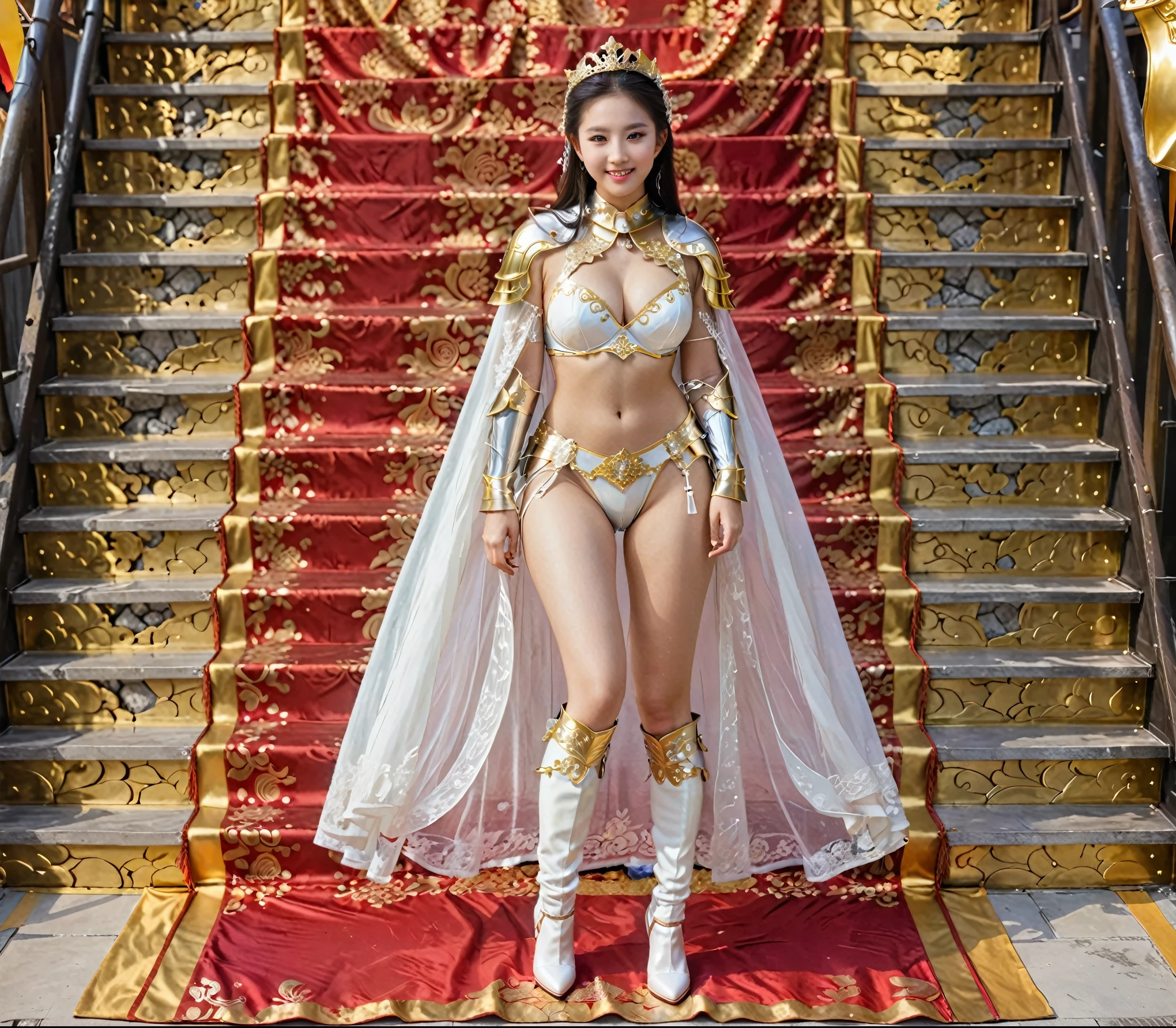 female knight dress up, Lustful eyes, lustful smile, Full body sexy golden silver bikini armor，Metal style, Wear a princess helmet crown on your head, long legged girl, Put on white boots, ,full body xianxia, Huge breasts, fantasy服装, Put on a cape, Lace cape，穿着fantasy服装, Real 8000g，Impeccable，masterpiece，Professional artwork，masterpiece，Light，Movie Bloom，Perfect face，Pretty Face，fantasy，Dreamy and magical，not real，Intricate details，beautiful pattern
