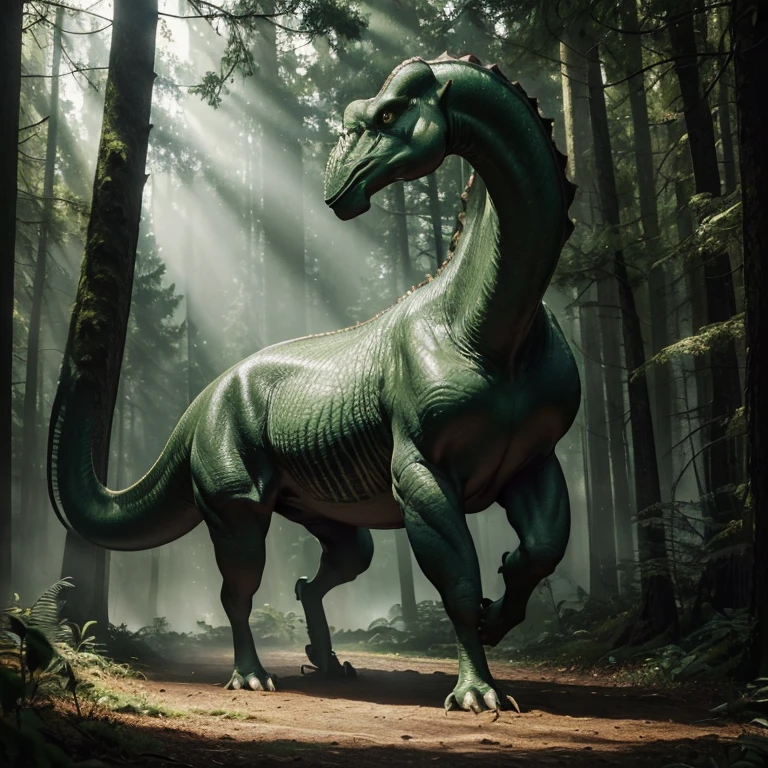 (master piece:1.5), (best quality:1.5), (exquisite lighting and shadow, highly dramatic picture, cinematic lens effect) (Photorealistic picture) (Card game image) 8k, wallpaper, dynamic pose, full body green brontosaurus, big trees forest background, sharp focus, highly detailed, realistic, cinematic lighting, studio quality