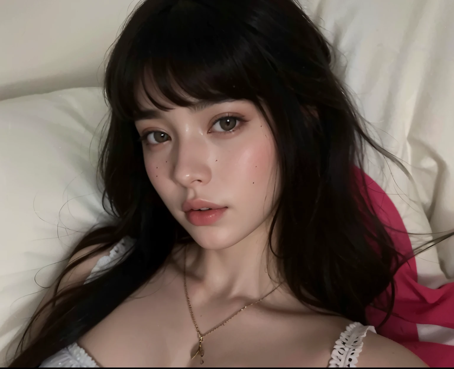Mujer arafed acostada en la cama con una manta rosa y un collar., Ella tiene el pelo negro con flequillo, piel blanca muy, very very pale, with pale skin, piel blanca muy, very pale, pale-skinned persian girl, pale fair skin!!, hermosa poarch, Retrato Sophie Mudd, 18 years old, Anastasia Ovchinnikova, very pale white skin
