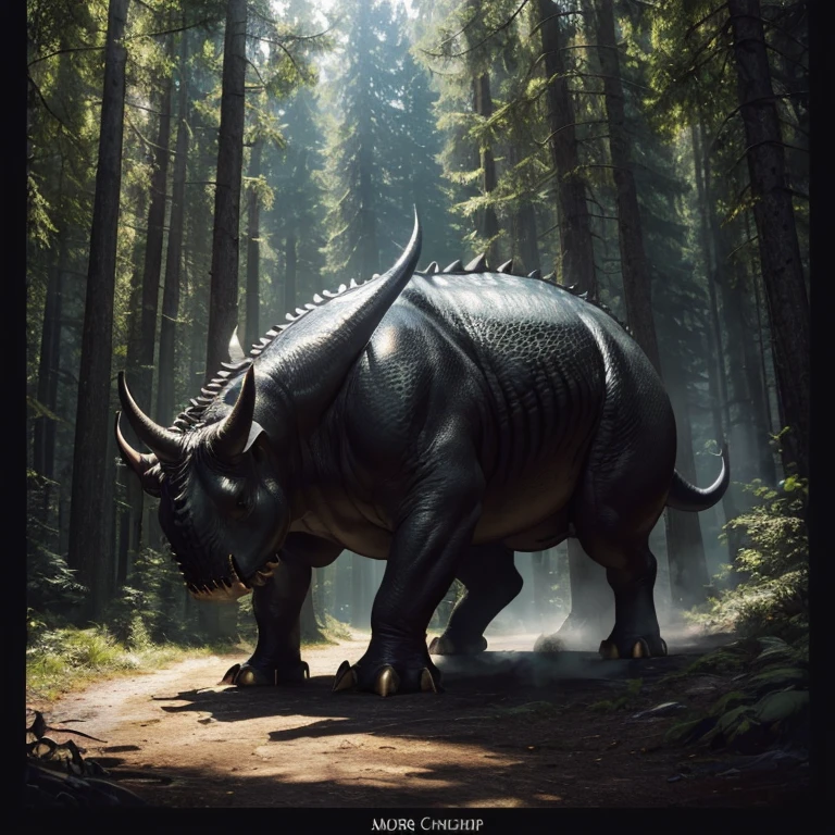 (master piece:1.5), (best quality:1.5), (exquisite lighting and shadow, highly dramatic picture, cinematic lens effect) (Photorealistic picture) (Card game image) 8k, wallpaper, dynamic pose, full body black triceratops man, big trees forest background, sharp focus, highly detailed, realistic, cinematic lighting, studio quality