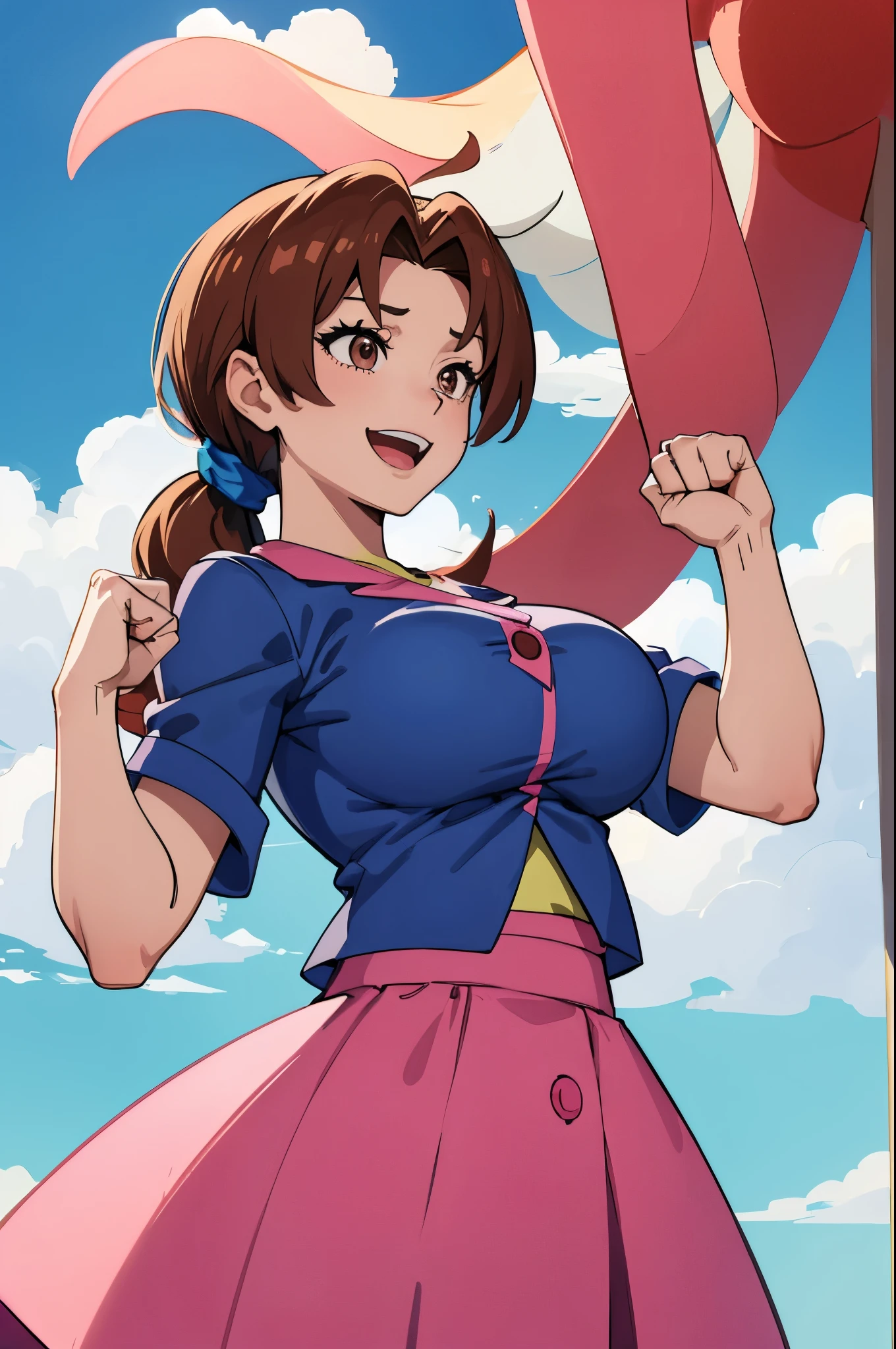 masterpiece, best quality, pkmnDelia, ponytail, pink shirt, blue skirt, smile, cowboy shot, large breasts, :D, hands up, fists, excited, blue sky, clouds, house