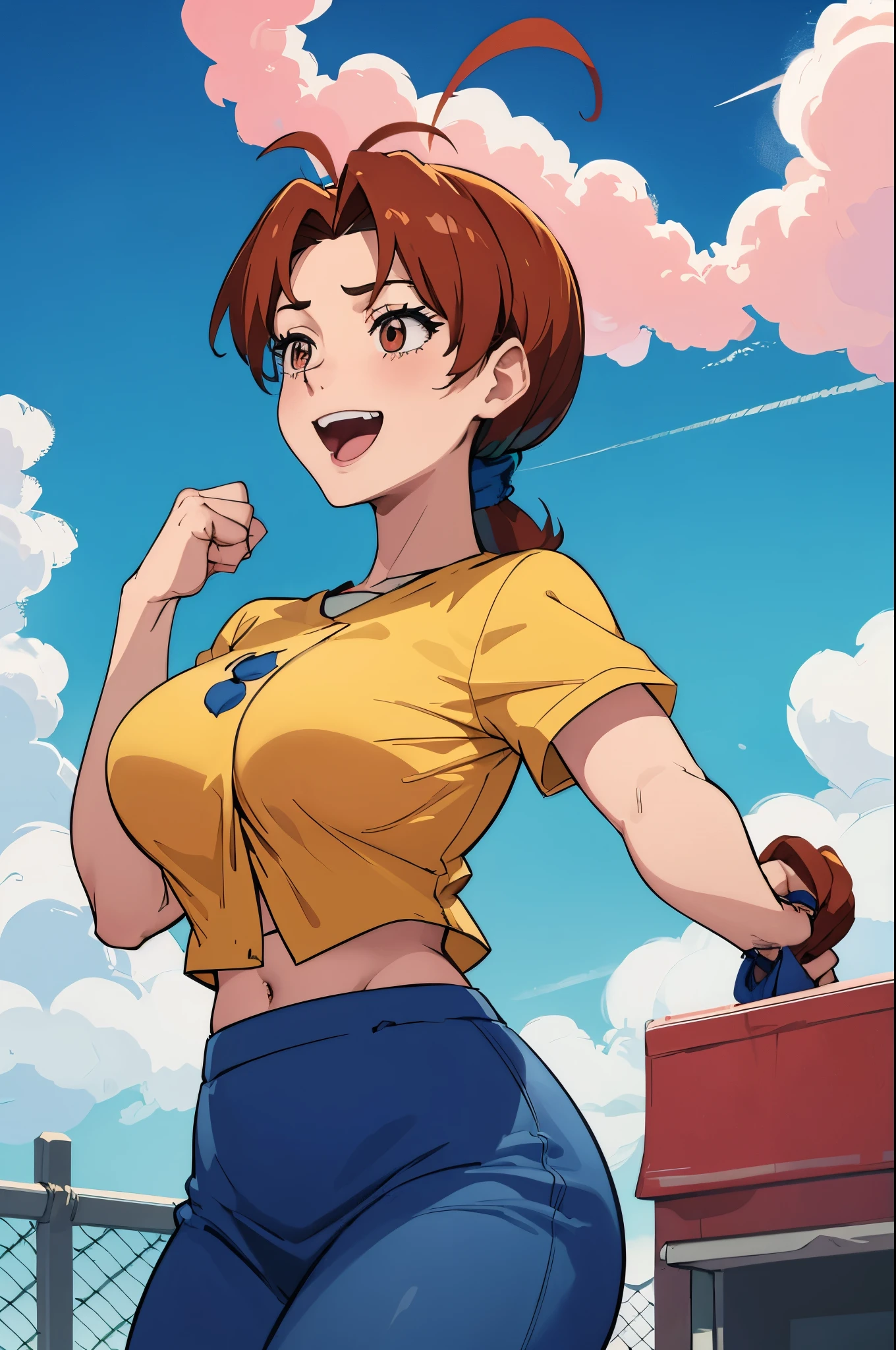 masterpiece, best quality, pkmnDelia, ponytail, pink shirt, blue skirt, smile, cowboy shot, large breasts, :D, hands up, fists, excited, blue sky, clouds, house