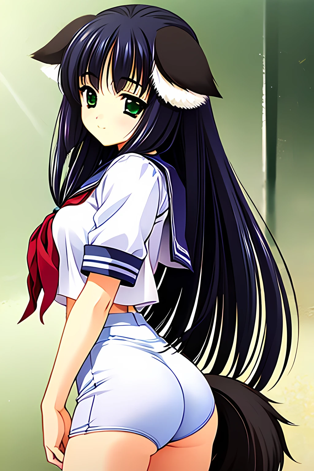 (masterpiece, official art, best quality), cowboy shot, 1 girl, long hair, {white serafuku}, black hair, {green eyes}, {{dog ears, dog tail}}