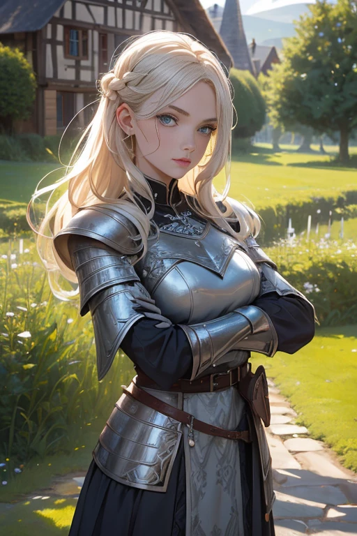delicate, poudre de contour, en armure viking (Metal armor, parements en cuirs et en fourrure), intricate details, French touch, maquillage guerrier noir sous les yeux, cheveux de longueur moyenne, cheveux blonds, bonne couverture, en plein air (village viking, scandinavie, maisons en flammes, ruines), skin details, pores de la peau, Appareil photo numérique Kodak Smile 10MP, tendance on Behance, HD.