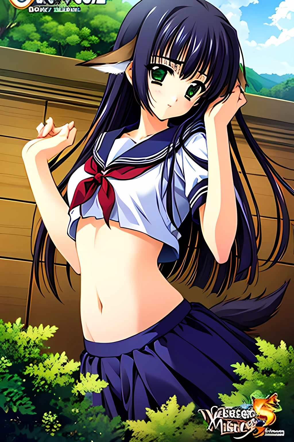 (masterpiece, official art, best quality), cowboy shot, 1 girl, long hair, {white serafuku}, black hair, {green eyes}, {{dog ears, dog tail}}