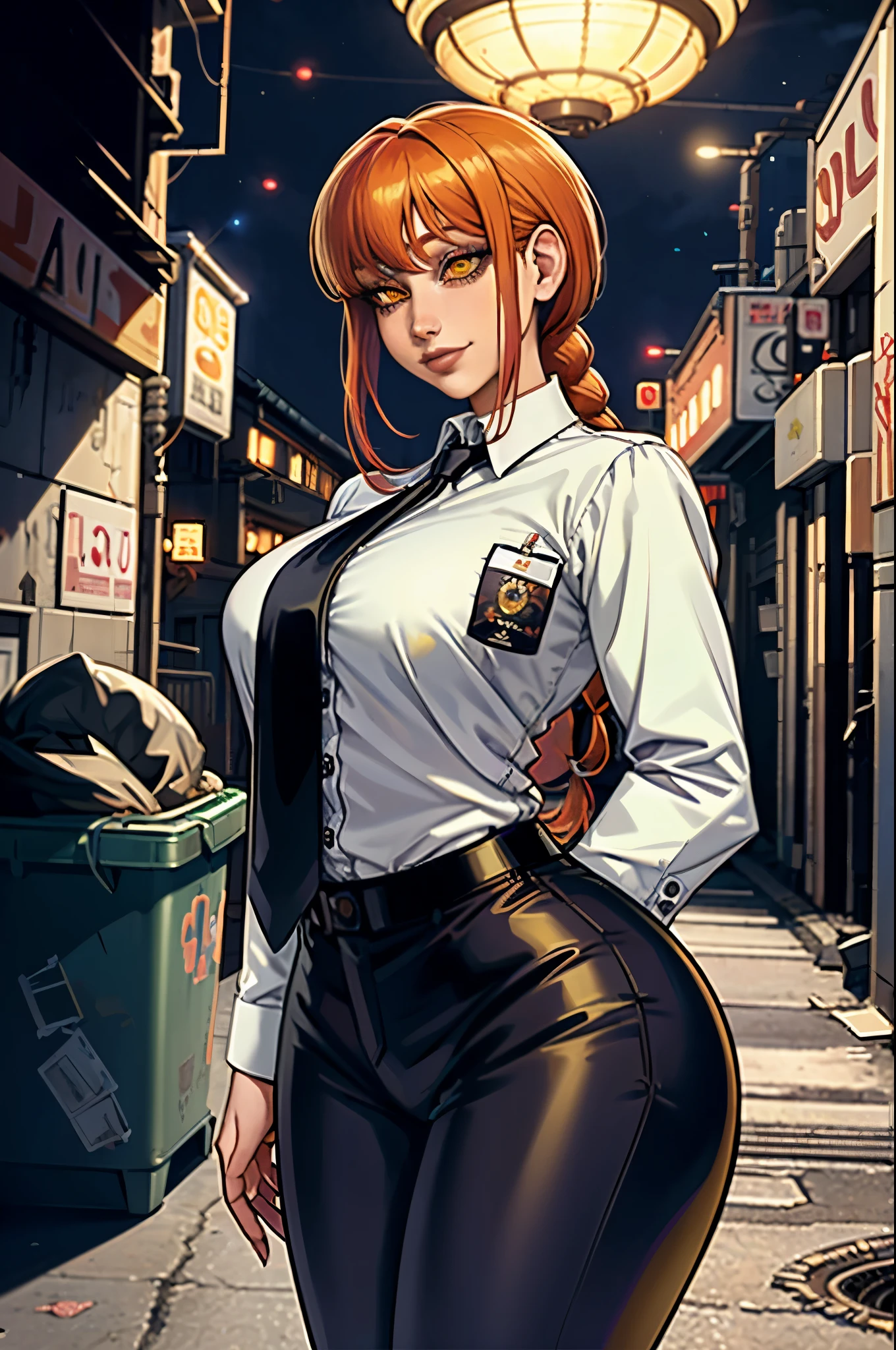 1girl, (solo:1.2), (adjusting clothes:1.3), (looking at self:1.5), (cowboy shot:1.5), (curvy:1.2),, (masterpiece:1.3), (best quality:1.3), (perfect anatomy:1.4), highly detailed, sciamano240, soft shading, detailed, semi-realistic, makima, long hair, smile, bangs, (yellow eyes:1.2), braid, red hair, braided ponytail, ringed eyes, shirt, long sleeves, white shirt, necktie, collared shirt, pants, black pants, formal, suit, black necktie, shirt tucked in, office lady, (night:1.5), (dark alleyway inside a large city:1.2), (chainlink fence:1.2), (trash lying around:1.2), concrete, sparse lighting, (dystopian)