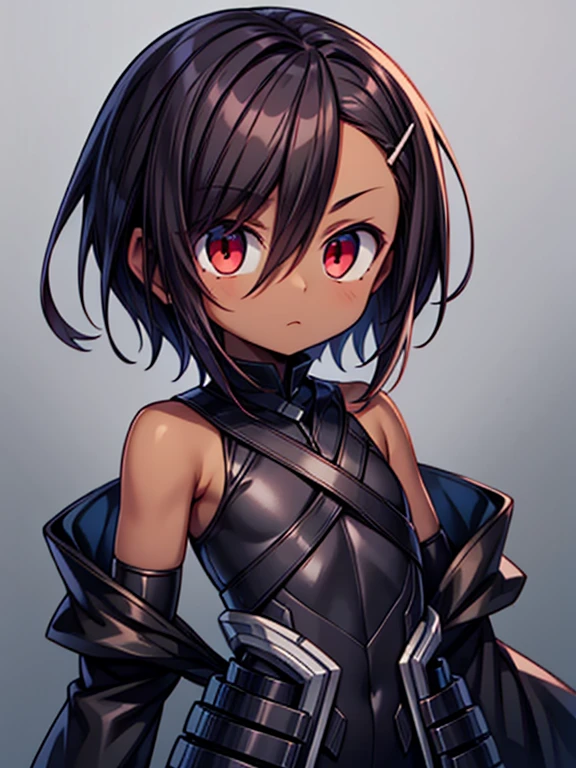 Masterpiece High res, high definition, (((dark skin tone))),dark skin male, dark skin, cute shota,red eyes, black hairpin, brown hair, medium dark brown hair,wearing a black exoskeleton, detached sleeves, black armoured Gauntlets, black tech jacket, black bodysuit,black exoskeleton, black fingerless gloves, blue gems, 
